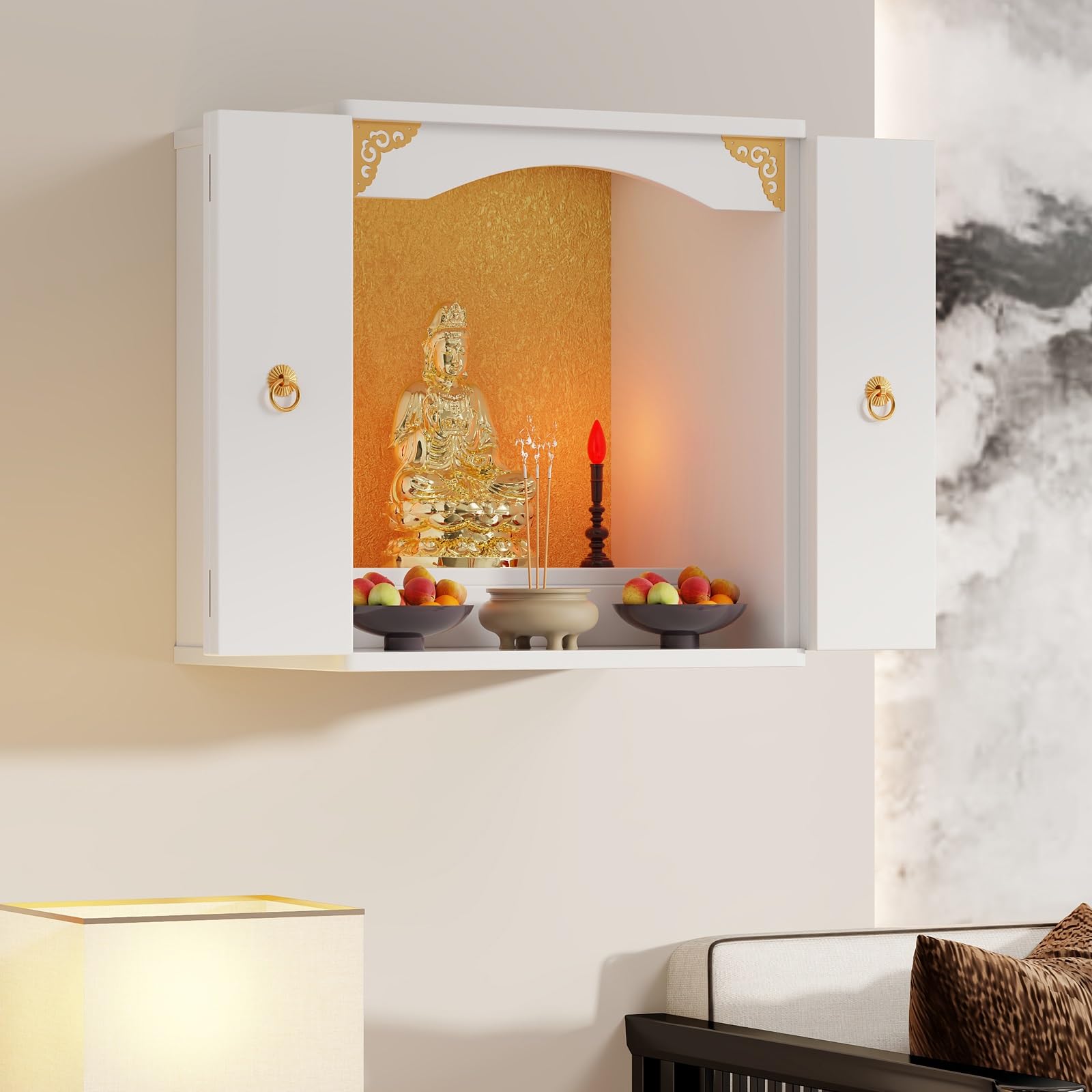 JNTFNE Wall-Mounted Shrine Altar Table，Tabletop Chinese Feng Shui Guan Gong Yin Pooja Statue Display Stand，With door Alter Cabinet(White(with door),40 * 40 * 60cm/15.7 * 15.7 * 23.6in)