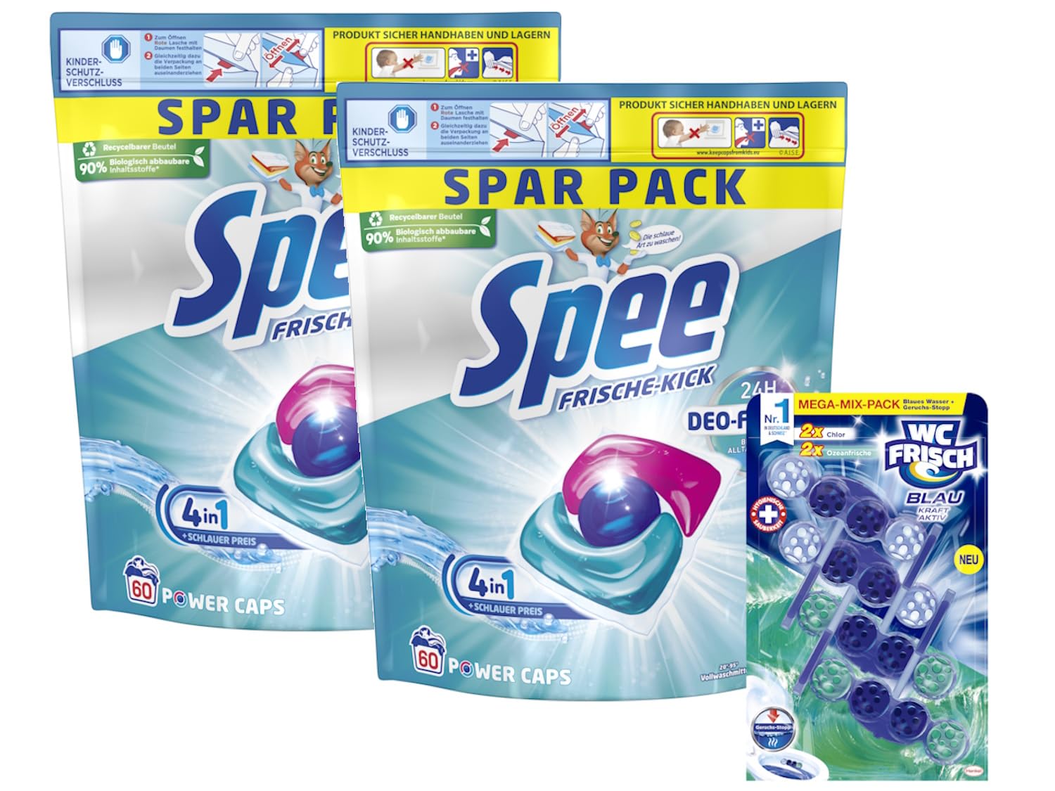 SPEE Power Caps 2x60 (120) WL Frische Kick 24H Deo-Frische Spar Pack, vordosiertes Vollwaschmittel & WC FRISCH Kraft Aktiv Blauspüler Mix Chlor + Ozeanfrische, 1x 200g