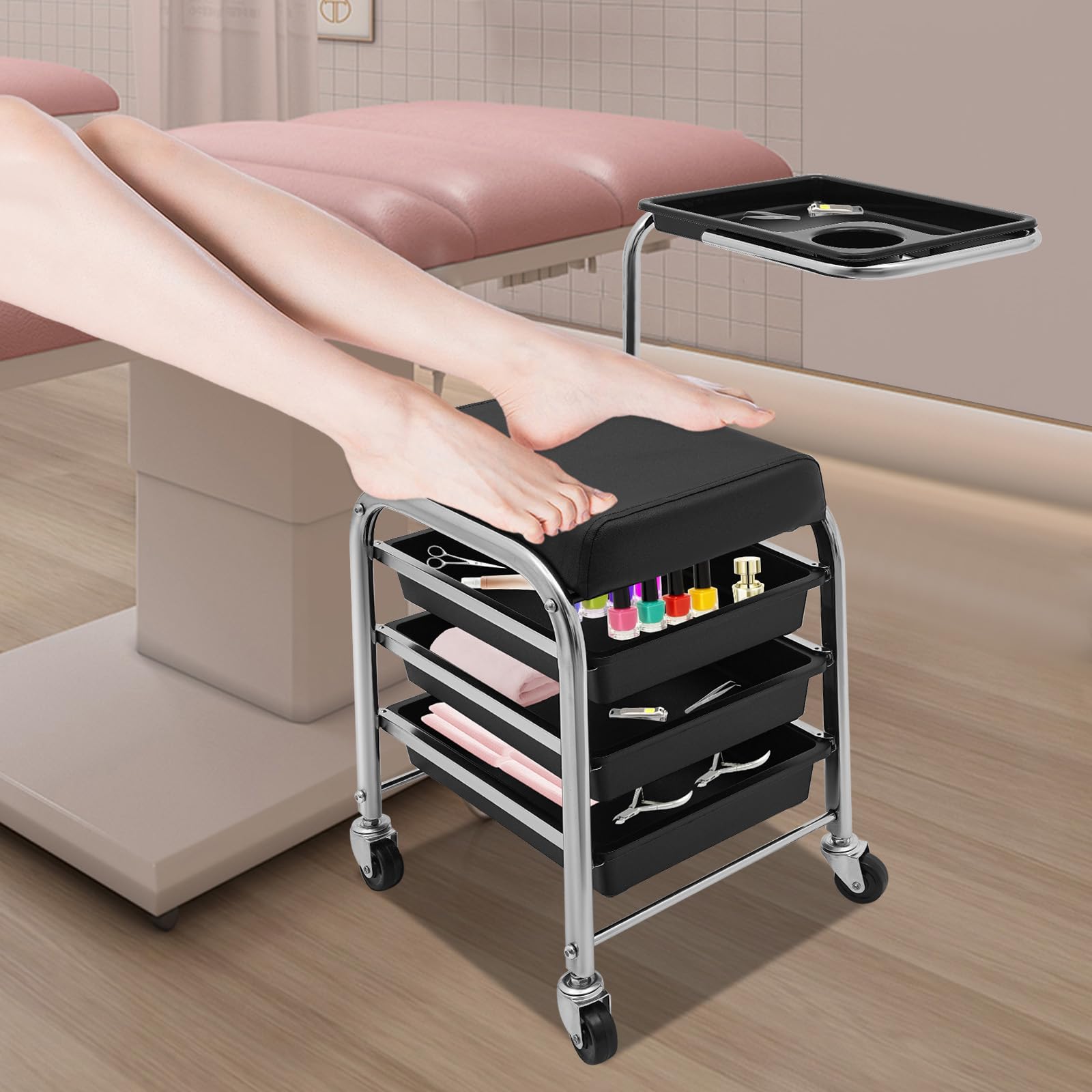 Carrito de peluquería, carrito de salón de 3 niveles con 4 ruedas, altura ajustable 53-77 cm, carrito de manicura para el cuidado de la belleza (negro) - 4