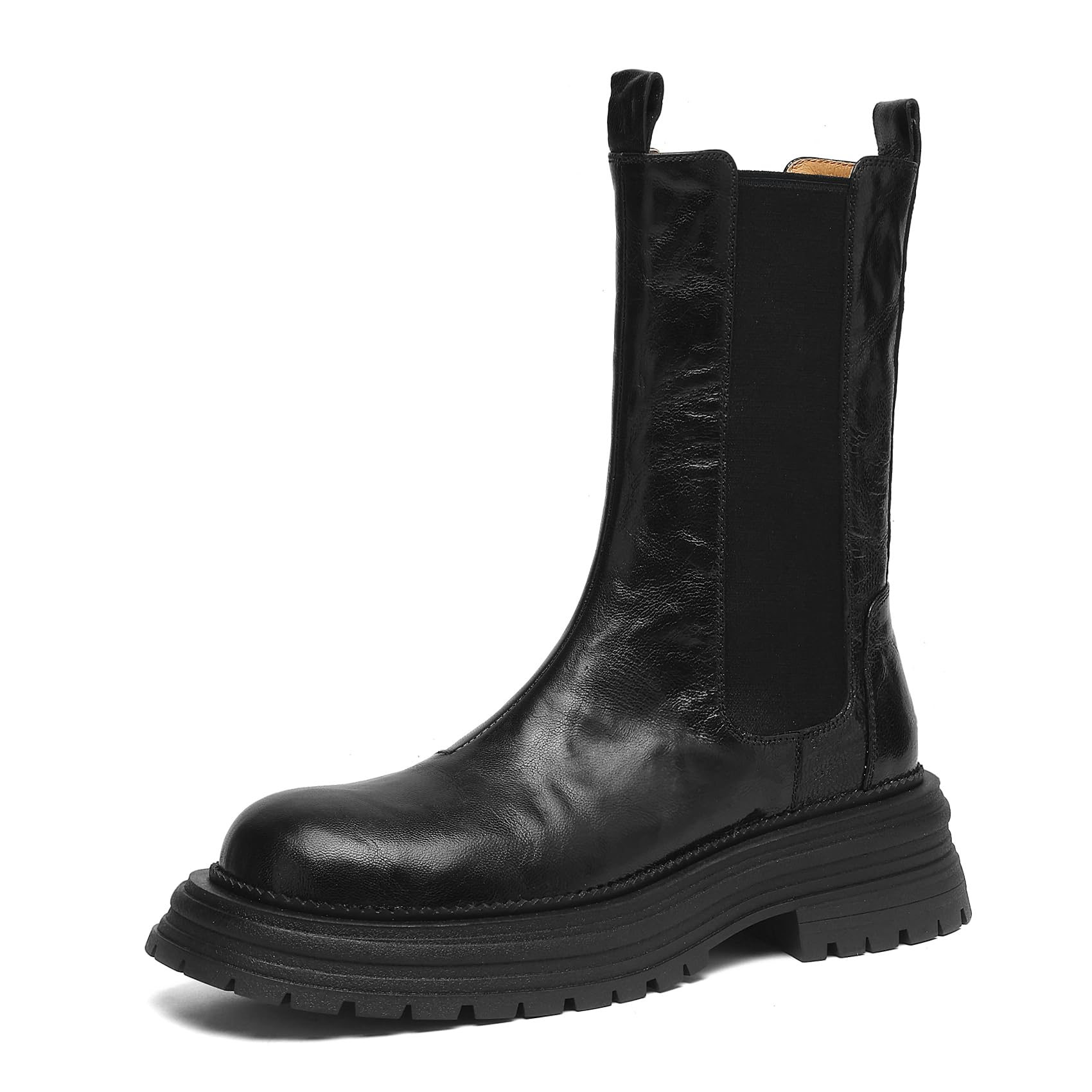 Womens Chunky Platform Chelsea Boots Tall Sheepskin Leather Boot with Lug Sole Black and Brown