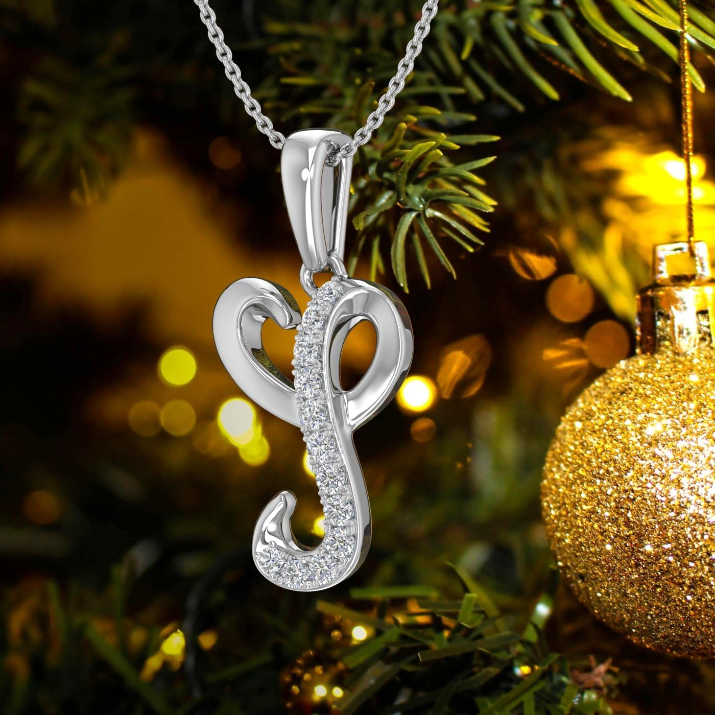 FINEROCK Diamond Initial Letter Pendant Necklace in 14K White Gold (with Silver Chain) - IGI Certified (I1-I2 Clarity)