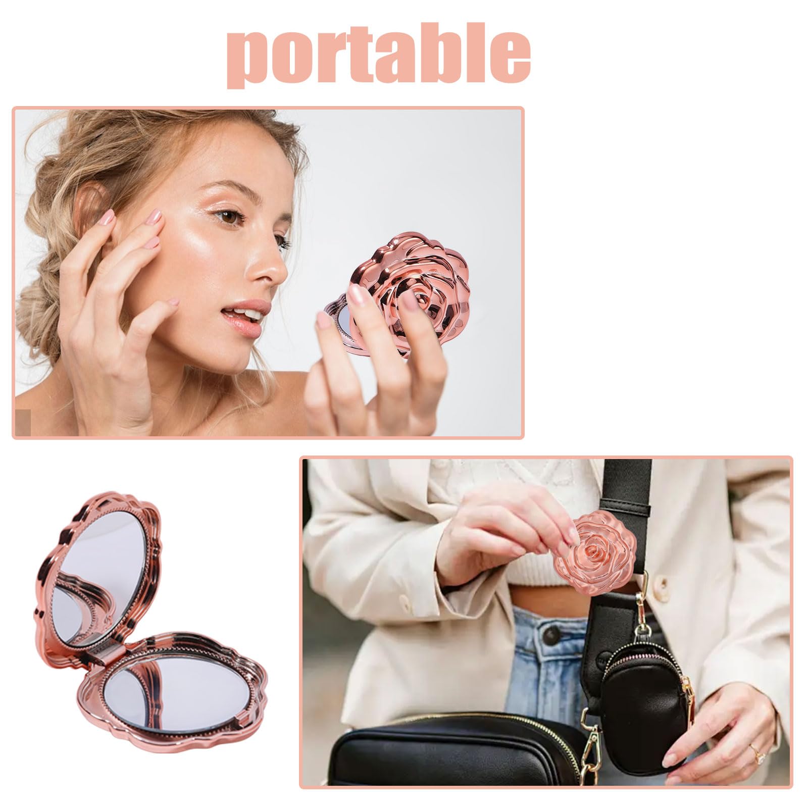FREEBLOSS Lot de 50 Miroir de Poche Rose Compact 3D avec 50 Cartes et 50 Pochettes en Organza Idéal pour Un Mariage Un Anniversaire Une Fête Prénatale Ou Un Voyage 2.5" Tour