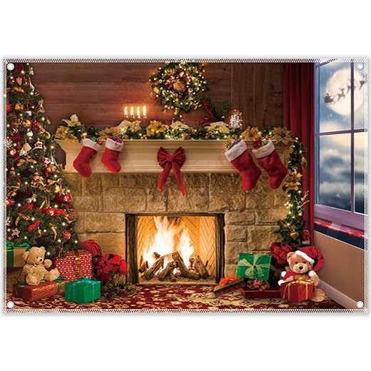 8x6ft Fabric Christmas Fireplace Photography Backdrop Xmas Window Snowflake Gift Tree Sock Reindeer Santa Background Party Decorations Photo Booth Banner Studio Props Supplies