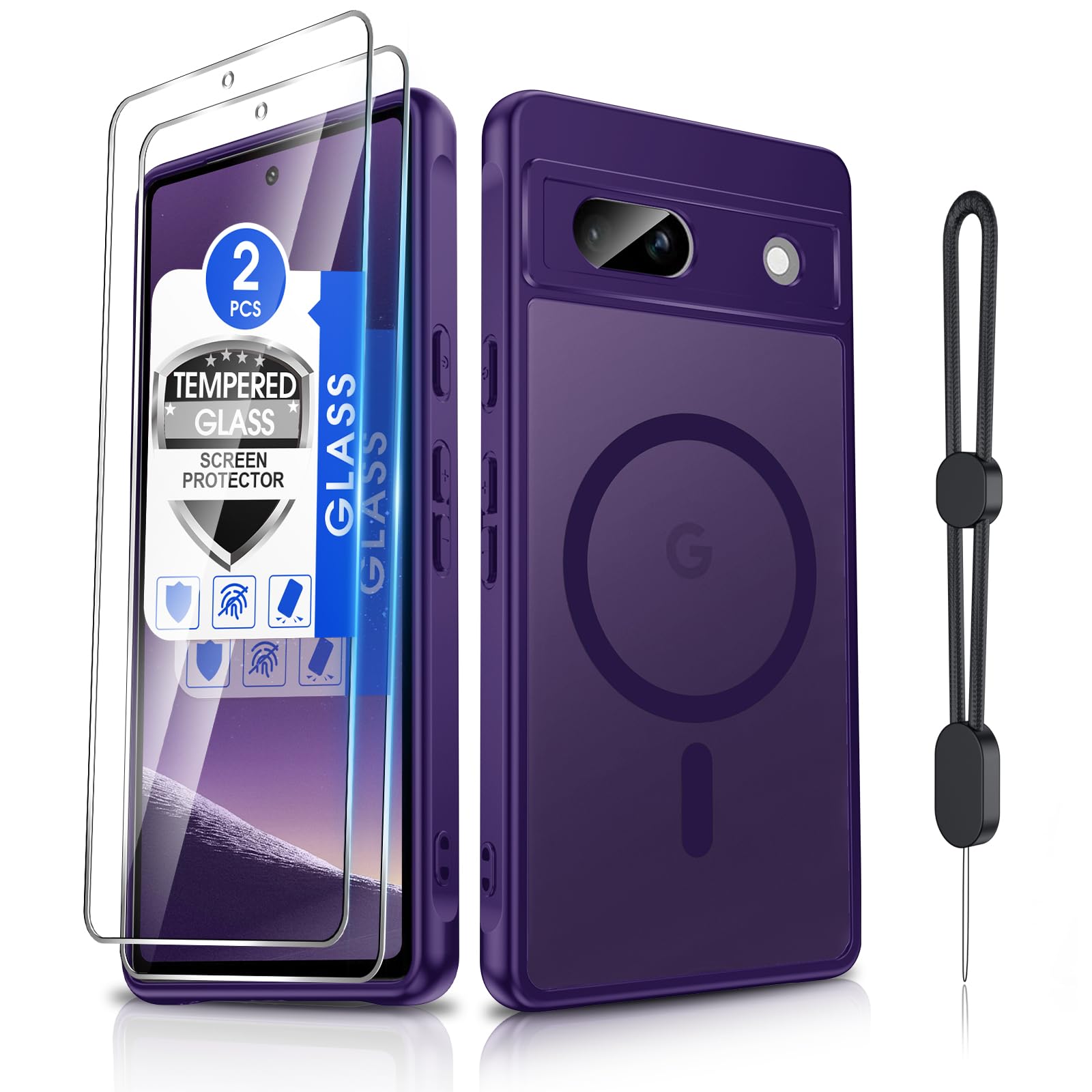 Dizn Magnetic for Google Pixel 7a Phone Case:Matte Cover,with Tempered Glass Screen Protector,[Compatible with MagSafe] Wireless Charging,with Strap,Military-Grade Protective,for Pixel 7a,Dark Purple