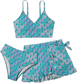 Juego de 3 bikini para niñas, adolescentes, sirenas, bañadores para niñas, parte superior de bikini+falda + braguitas, traje de baño, disfraz de sirena, traje de baño para niña, estampado colorido,