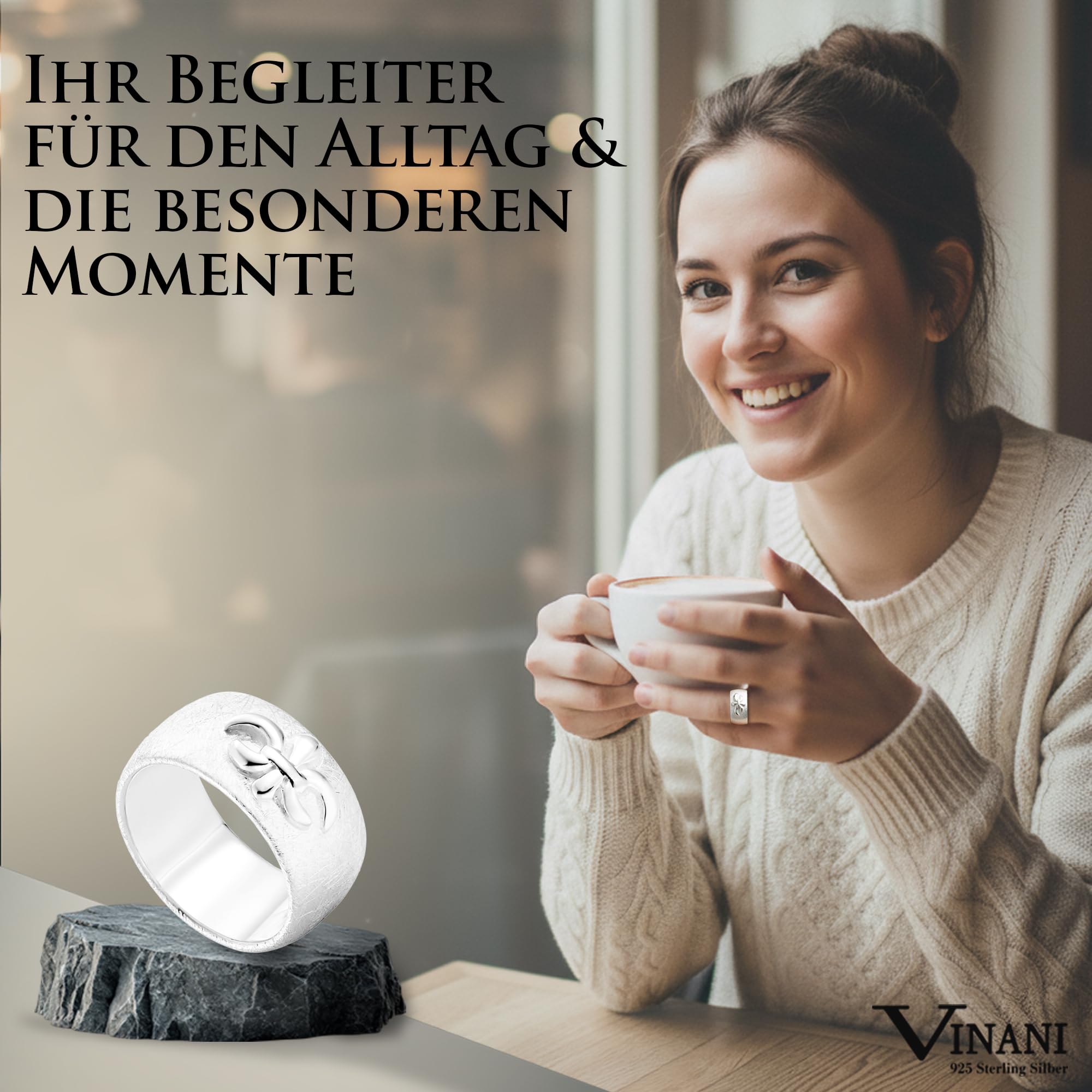 Vinani Damenring aus 925 Sterling Silber – Massiver, gebürsteter Ring mit Fleur de Lis Lilie & Ritter-Symbol, nickelfrei & antiallergisch, handgefertigter eleganter Silberschmuck