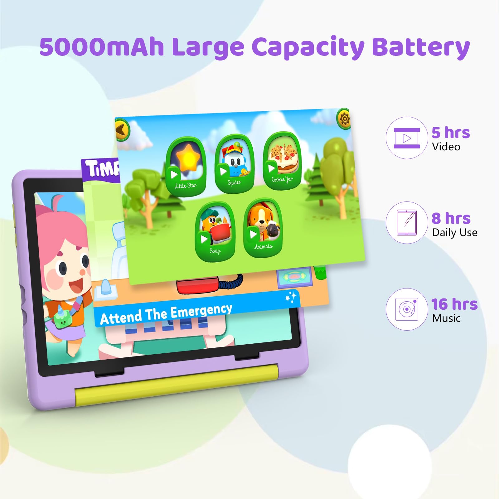 MUISOO 10 Inch Kids Tablet, Android 14 tablet for kids with Octa Core Processor, 8GB RAM 64GB ROM 1TB TF, 5000mAh Battery, WiFi, Bluetooth, Type-C, Kids Tablets with 8+5MP Dual Camera (Purple) - 4