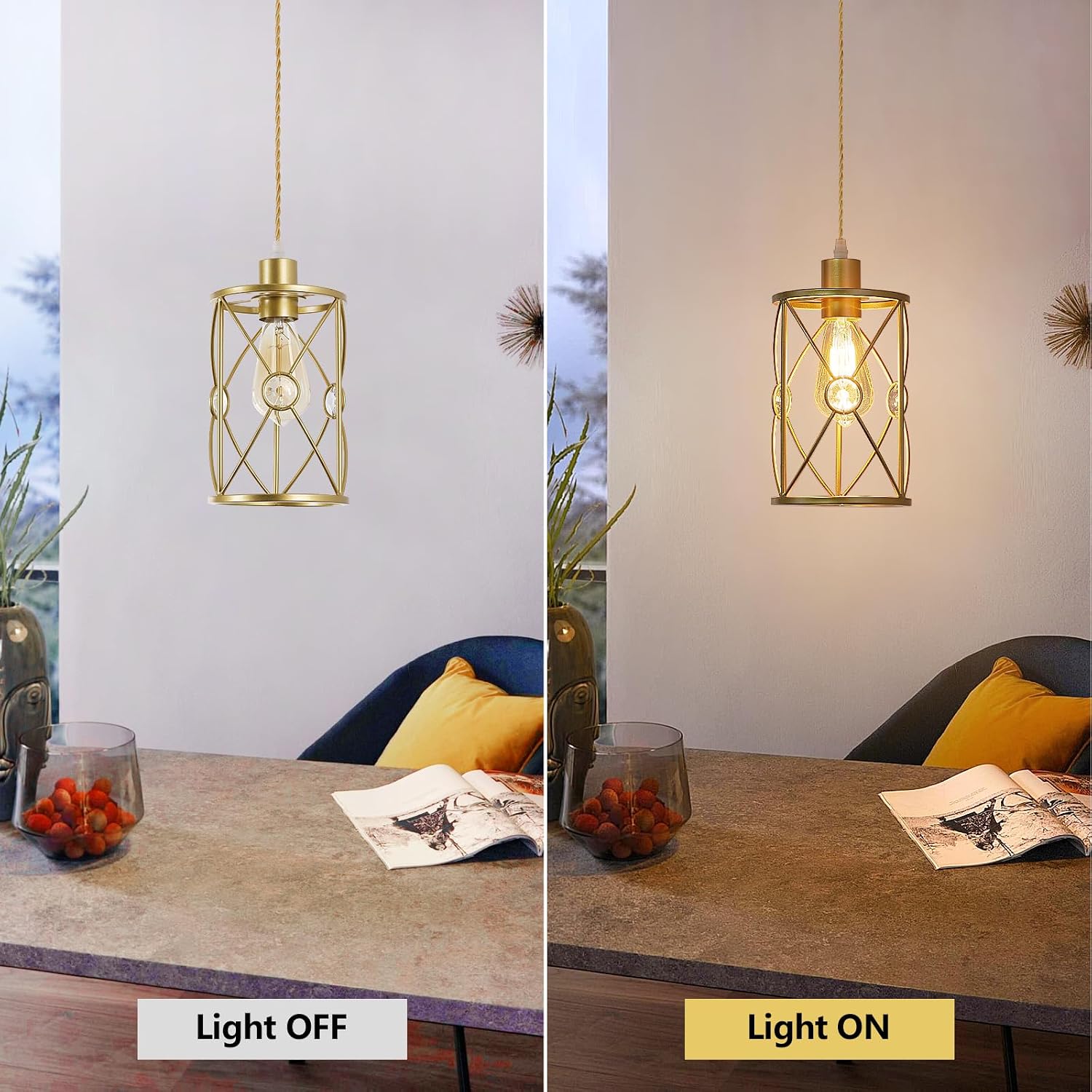 Plug in Industrial 2 Pack Farmhouse Pendant Light, Mini Cage Pendant Lighting in Gold Finish with Crystal, Adjustable Length Hanging Light Fixture for Hallway, Bedroom, Living Room, Kitchen