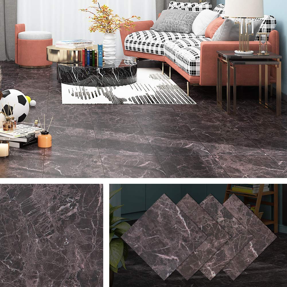 Livelynine Brown Marble Peel and Stick Floor Tile Kitchen Stick on Floor Tile Stickers Waterproof Vinyl Flooring Emperador Tile for Bathroom Laminate Flooring Peel and Stick Flooring Tiles 12X12 4PCS