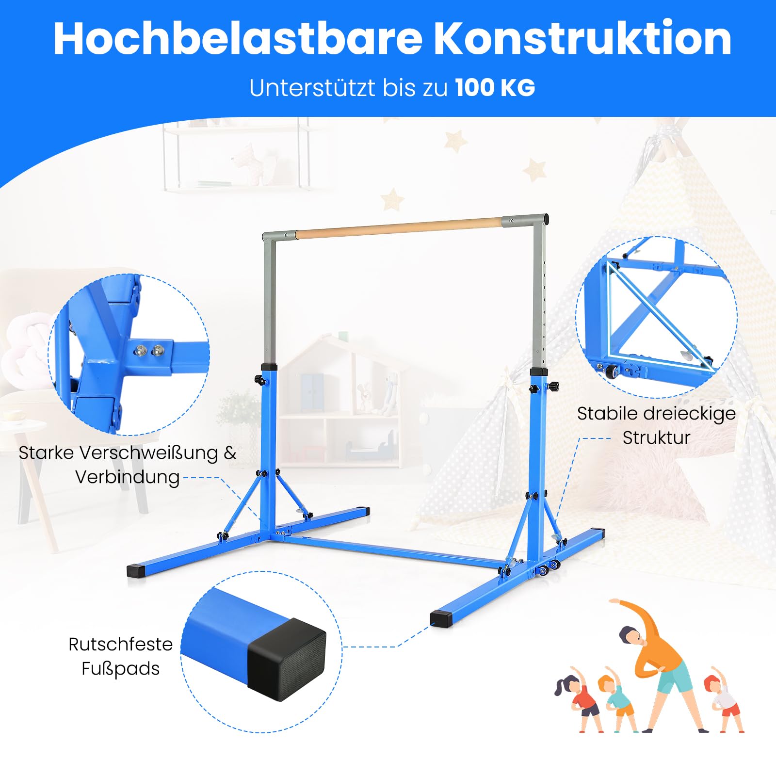 GYMAX Turnstange höhenverstellbar, Faltbare Übungsstange mit Rädern & rutschfeste Fußpolster, Turnreck bis 100 kg belastbar, Gymnastik Turnreck für Innen- & Außenbereich