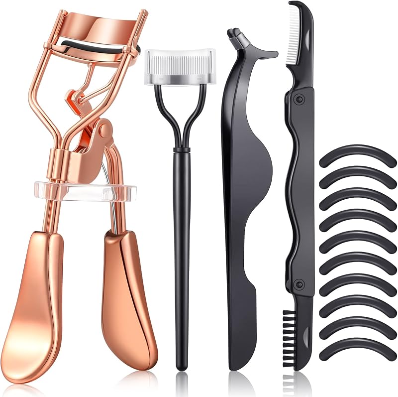 5 Pieces Eyelash Curler Set Include Eyelash Curlers with 10 Pieces Eyelash Curler Refill Pads Eyelash Comb Eyebrow Brush Eyelash Tweezers False Eyelashes Applicator Tool for Women (Rose Gold, Black)