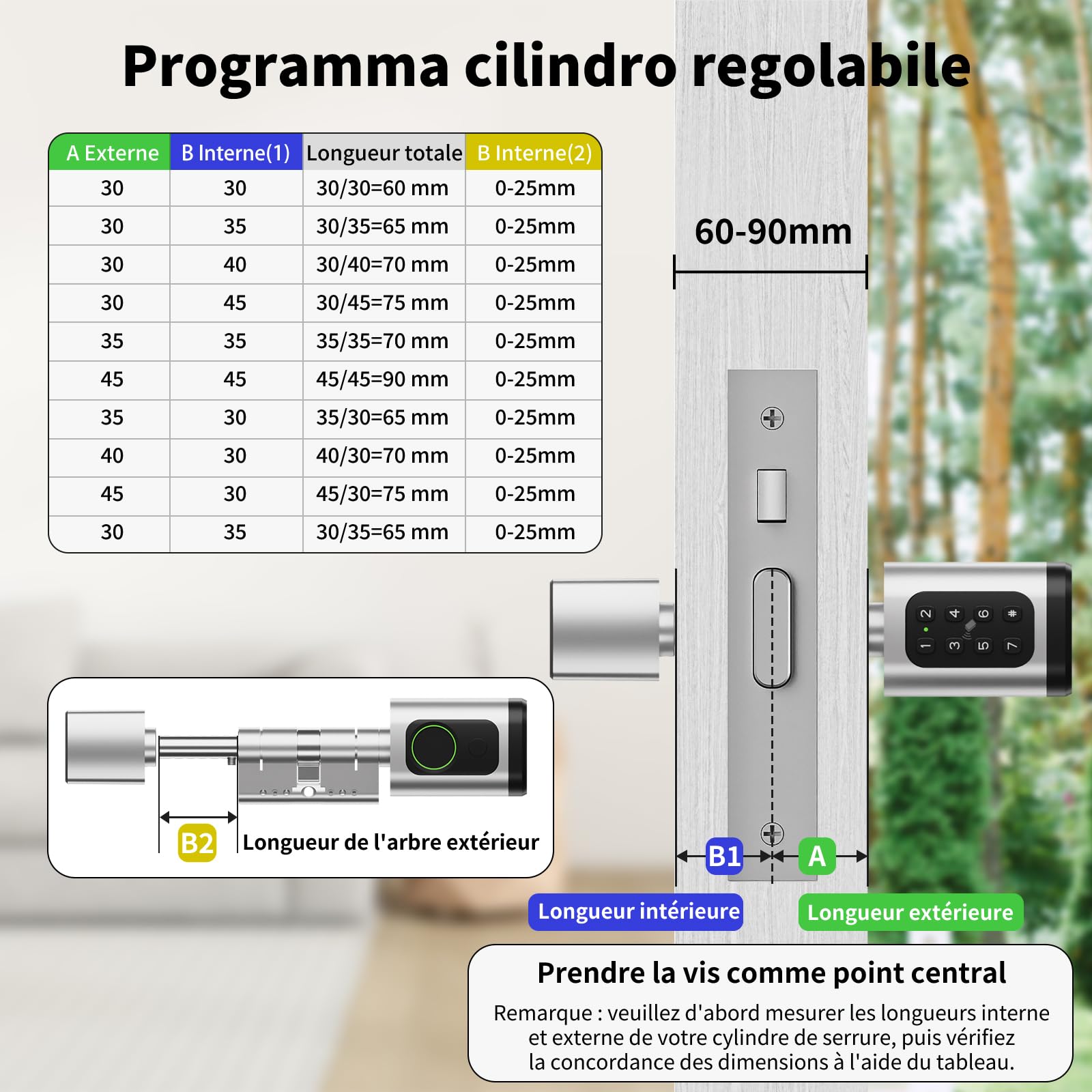 Serrure Connectée, Serrure Biométrique avec Cylindre à Code, Compatible avec Les cylindres de 60 à 90 mm(30/30,45/45), utilisable avec Bluetooth, App, Empreinte Digitale et clé pour Ouvrir Le verrou