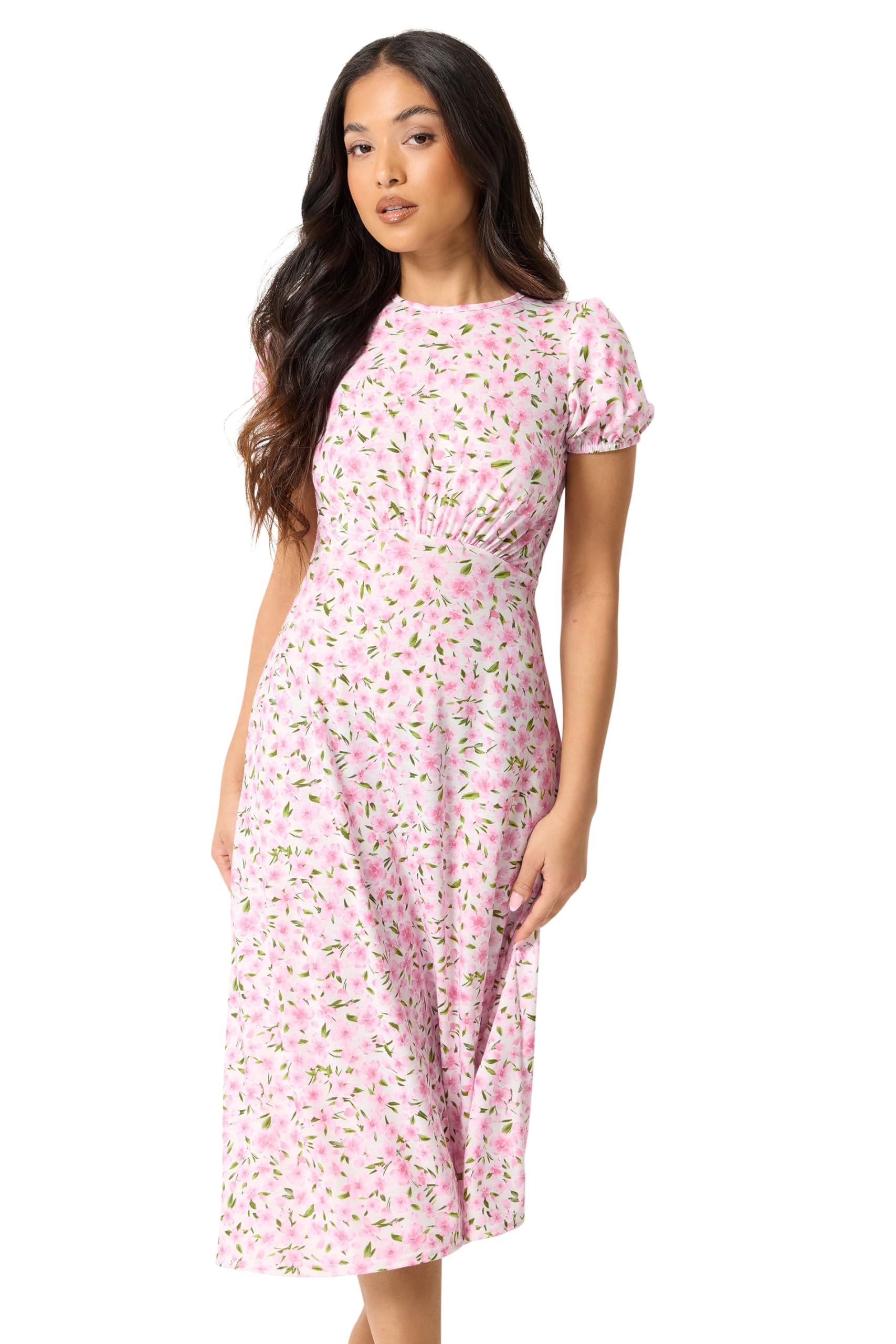 Pixiegirl Women's Pink Petite & White Floral Midi Dress Size 14