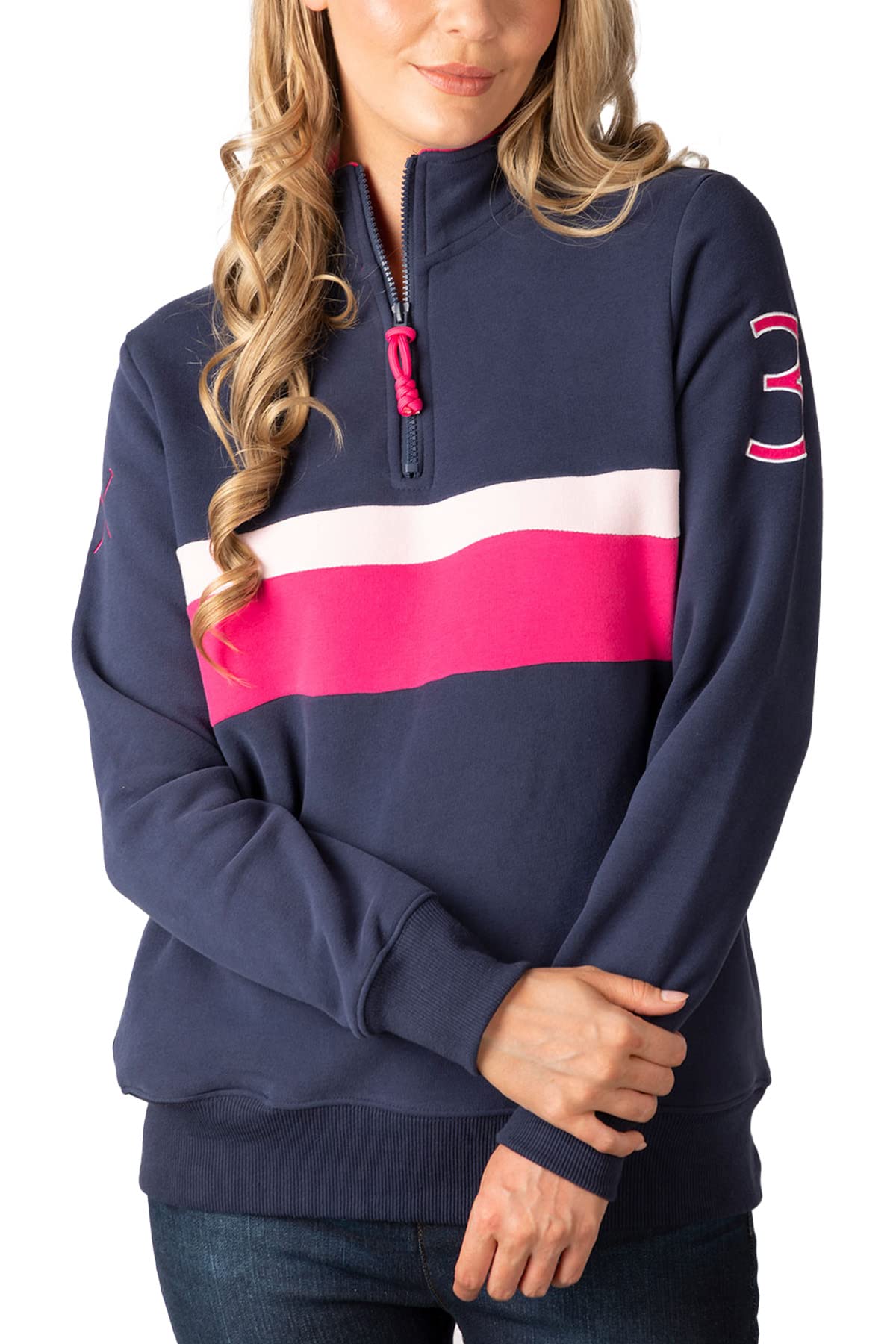Rydale Women's Bramham Navy/Bonbon Overhead Sweatshirt Sweatshirts Jumper Pull On Sweater Quarter Zip Top (As8, Numeric, Numeric_14, Regular, Regular, )