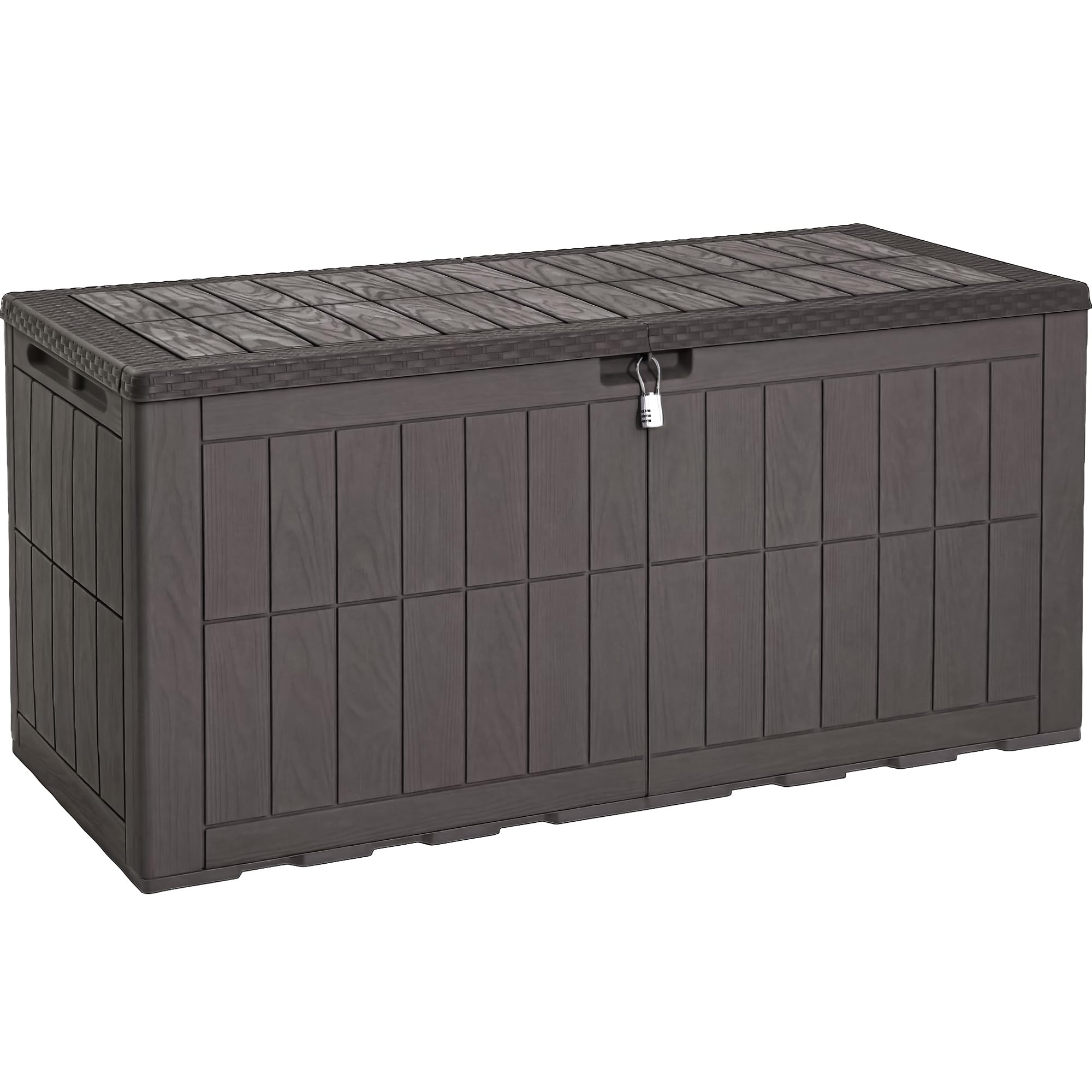 YITAHOME Outdoor Storage Box, 120 Gallon Waterproof Deck Box for Garden Tools, Patio Cushions, and Pool Accessories, Lockable, Easy Assembly, Versatile Bench or Table (Dark Brown)