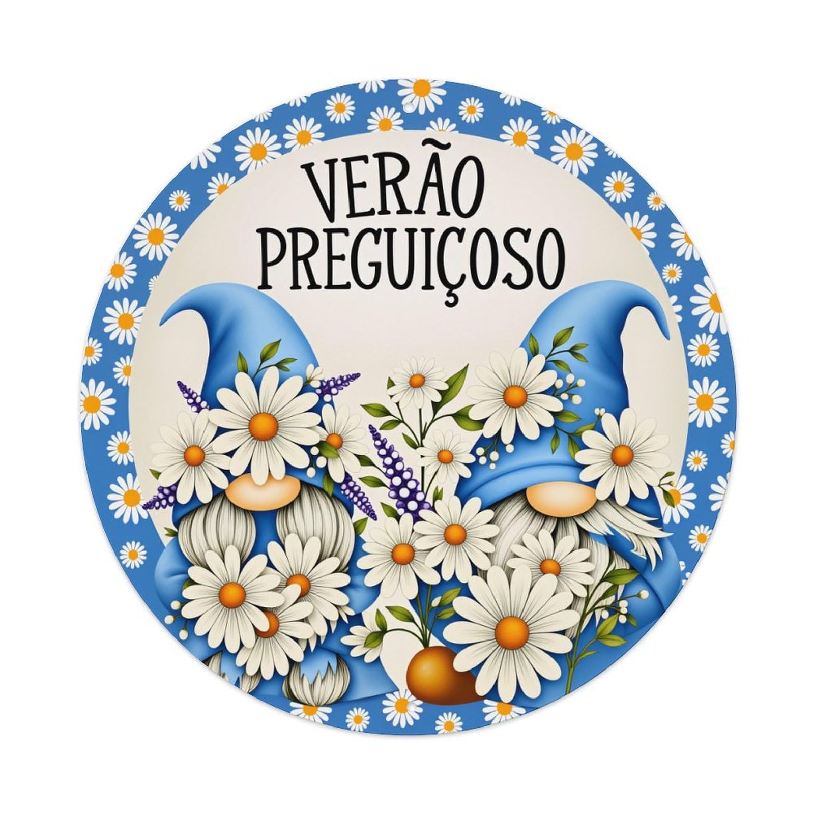 Gnomes Daisies Blue Hat Flowers Round Tin Sign Vintage Style Metal Sign Home Bar Garden Wall Plaque Decor Metal Poster 8x8 Inch