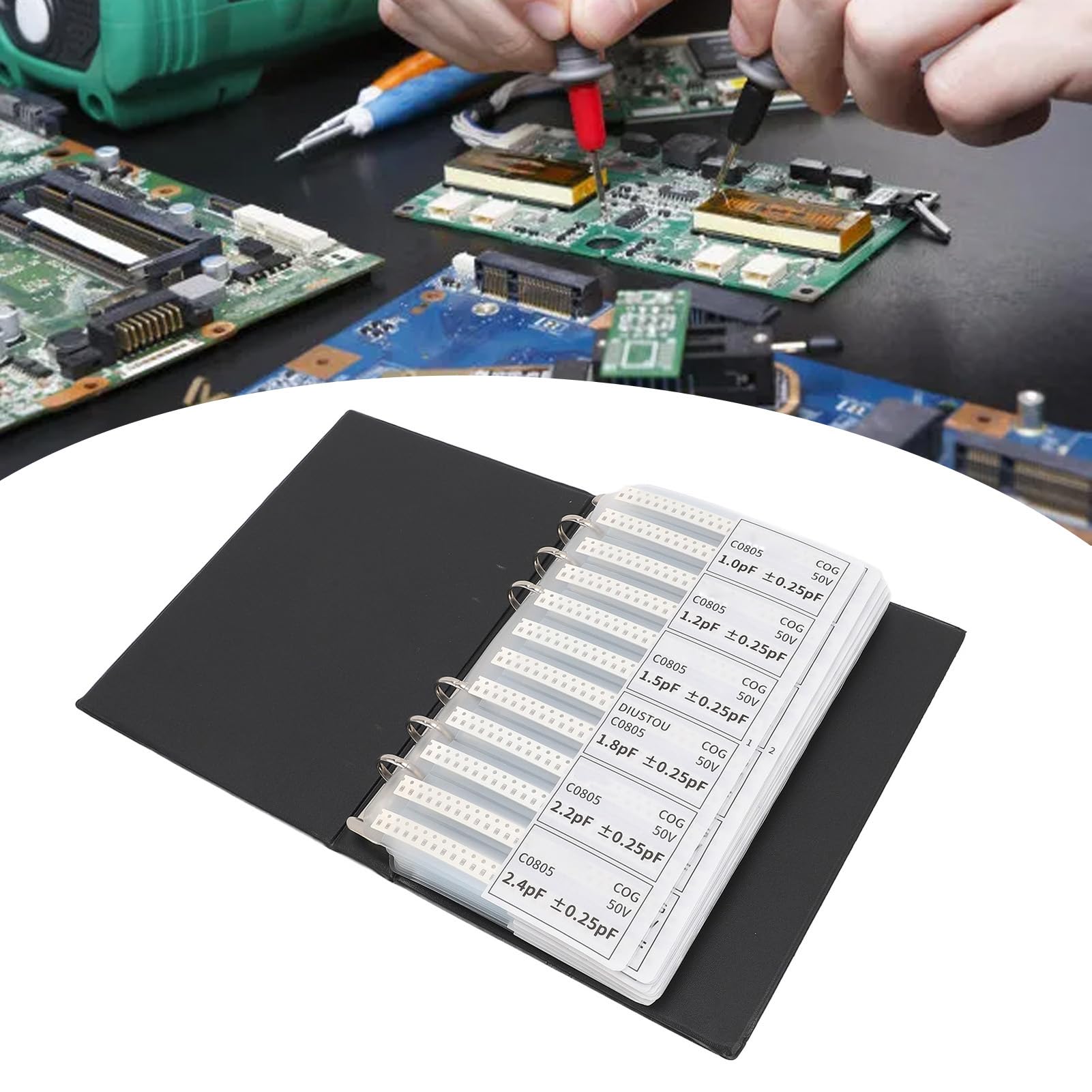 Libro campioni di condensatori 0805, libro campioni di componenti elettronici di valore 84, kit di assortimento di condensatori in plastica nera per professionisti o appassionati