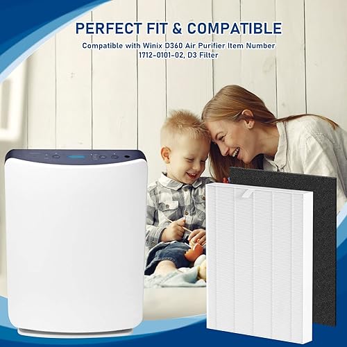 Miniatura 4 de Filtro de repuesto D360 True HEPA D3 compatible con purificador de aire Winix D360, comparado con el número de pieza 1712-0101-02, 2 filtros HEPA