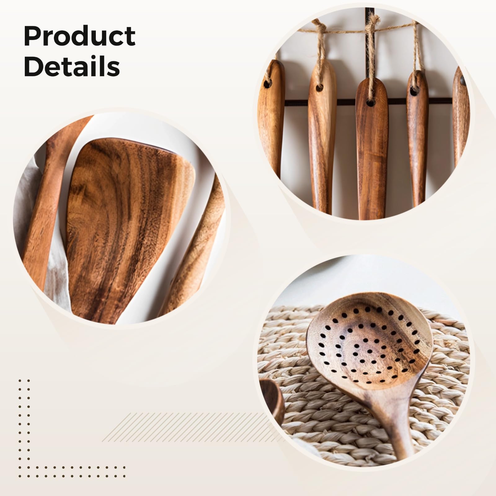 Küchenutensil-Set aus Teakholz, 6-teilig, Kochutensilien mit langem Griff, geeignet für beschichtete Pfannen, mit Wendern, Löffeln und Kelle, für Kochen und Küchenbasics im Alltag