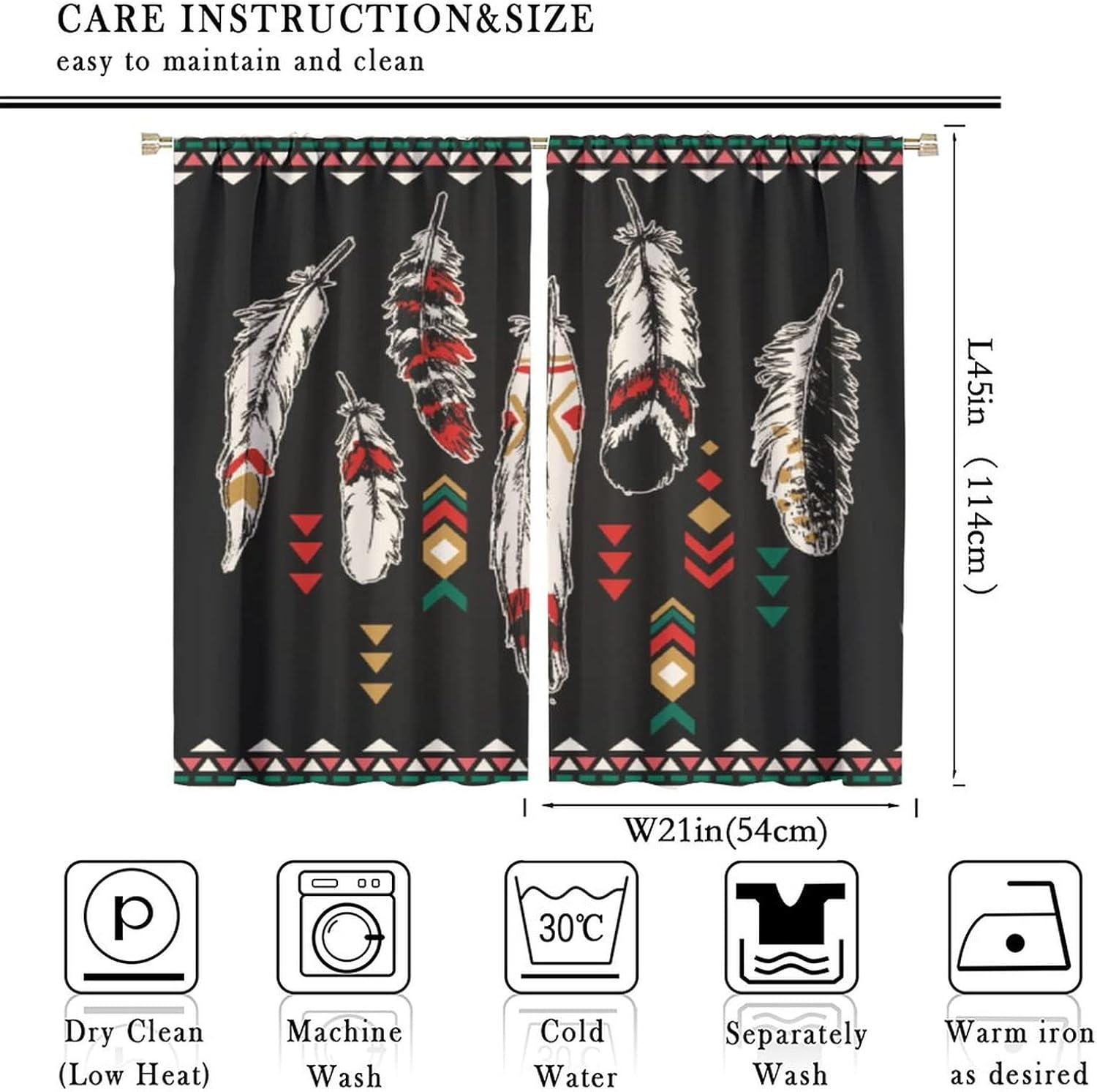 Tribe Feather Kitchen Curtains,Native American Indian Vintage Aztec Ethnic Style Window Treatments for Bedroom Living Room Café Window Drapes 2 Panels Set Total Size 42 x 45 Inch - Image 2