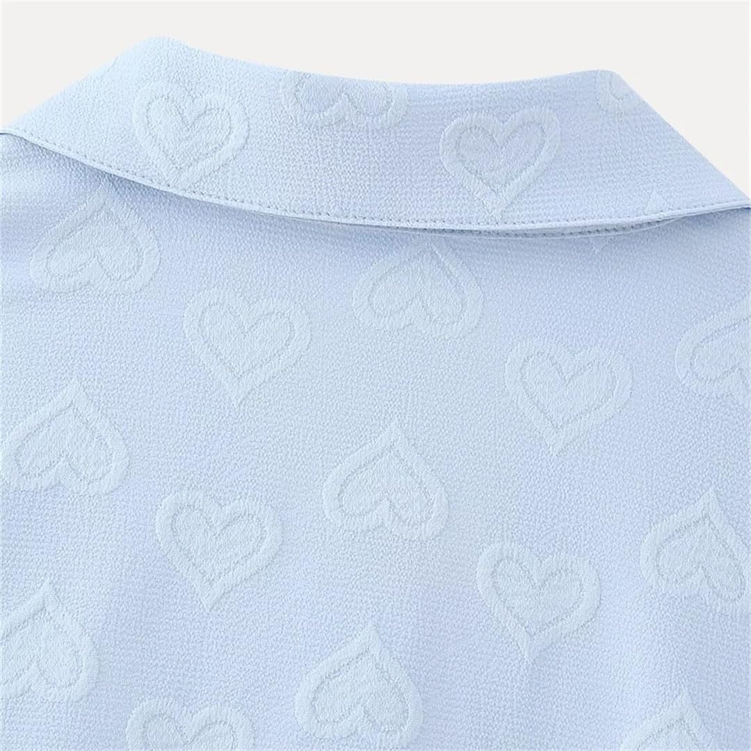 Prodotto Primavera Camicia da donna semplice con colletto a polo a maniche lunghe Love Jacquard tinta unita