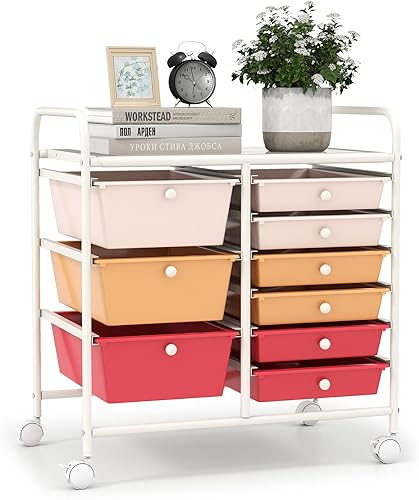 Miniatura 23 de LDAILY Carrito de almacenamiento con ruedas de 9 cajones, carrito rodante con cajones para aula, organizador de manualidades con ruedas con marco de