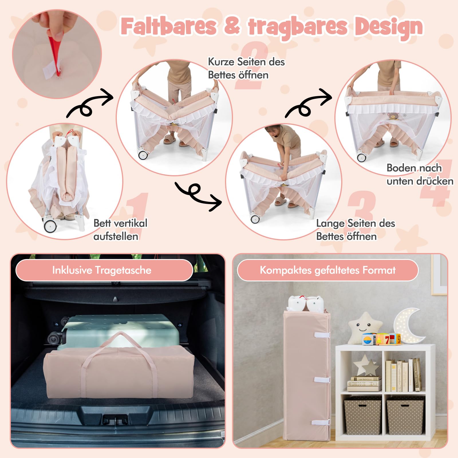 COSTWAY 4 in 1 Babybett mit abnehmbarem Baldachin, Reisebett mit Matratze, Wickelauflage, Spielbogen & Musikbox, Beistellbett mit Rollen, Kinderreisebett faltbar für 0-36 Monate Baby (Rosa)