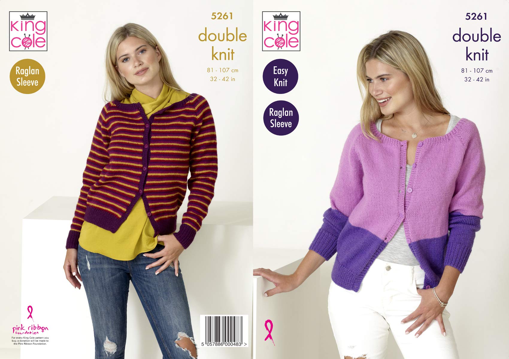 King Cole Womens Double Knitting Pattern Easy Knit Raglan Sleeve Cardigans 5261