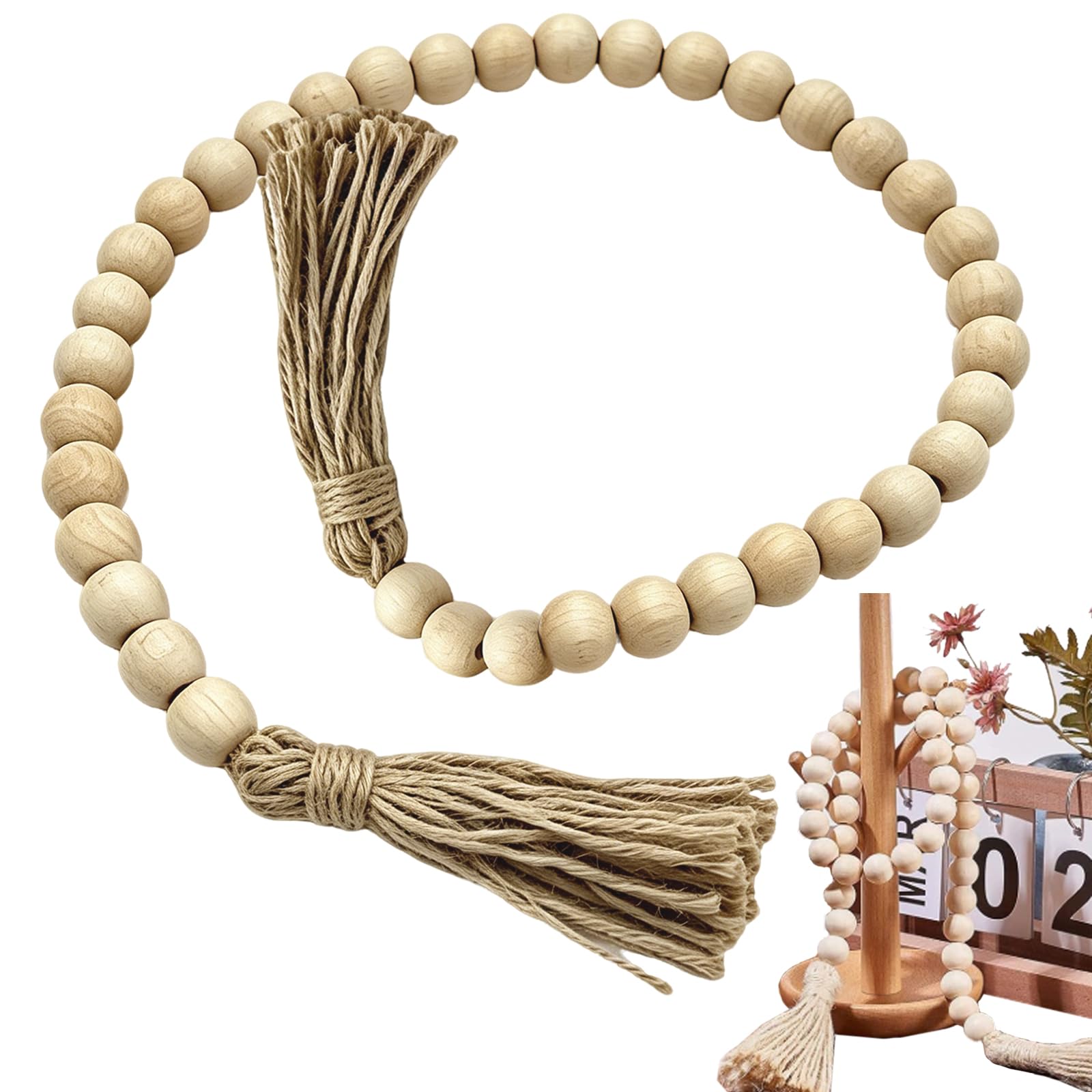 Holzperlen Girlande 78cm 16mm, 36 Holzperlen mit Quasten Deko | Holzperlenkette Naturholz, Perfekt für Wohnzimmer, Schlafzimmer, Weihnachtsbaum, Kamin oder Hochzeitsdeko