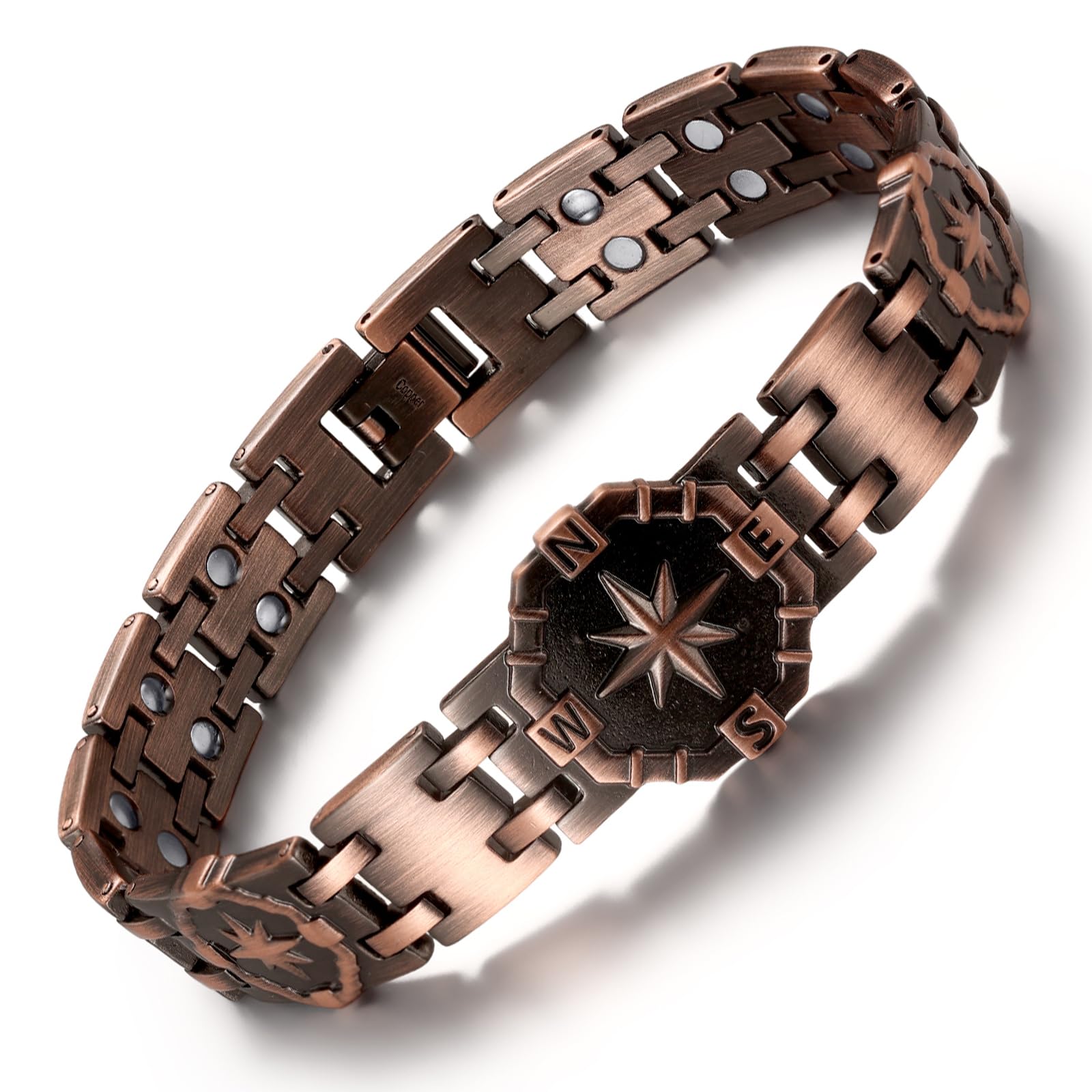 RainSo Kupferarmband für Herren, Extrem Stark Herren Magnetarmband - 3800 Gauß Magnet, Kompass Design, 8,86 Zoll Verstellbar für Retro Outfits und Maritime Ausflüge