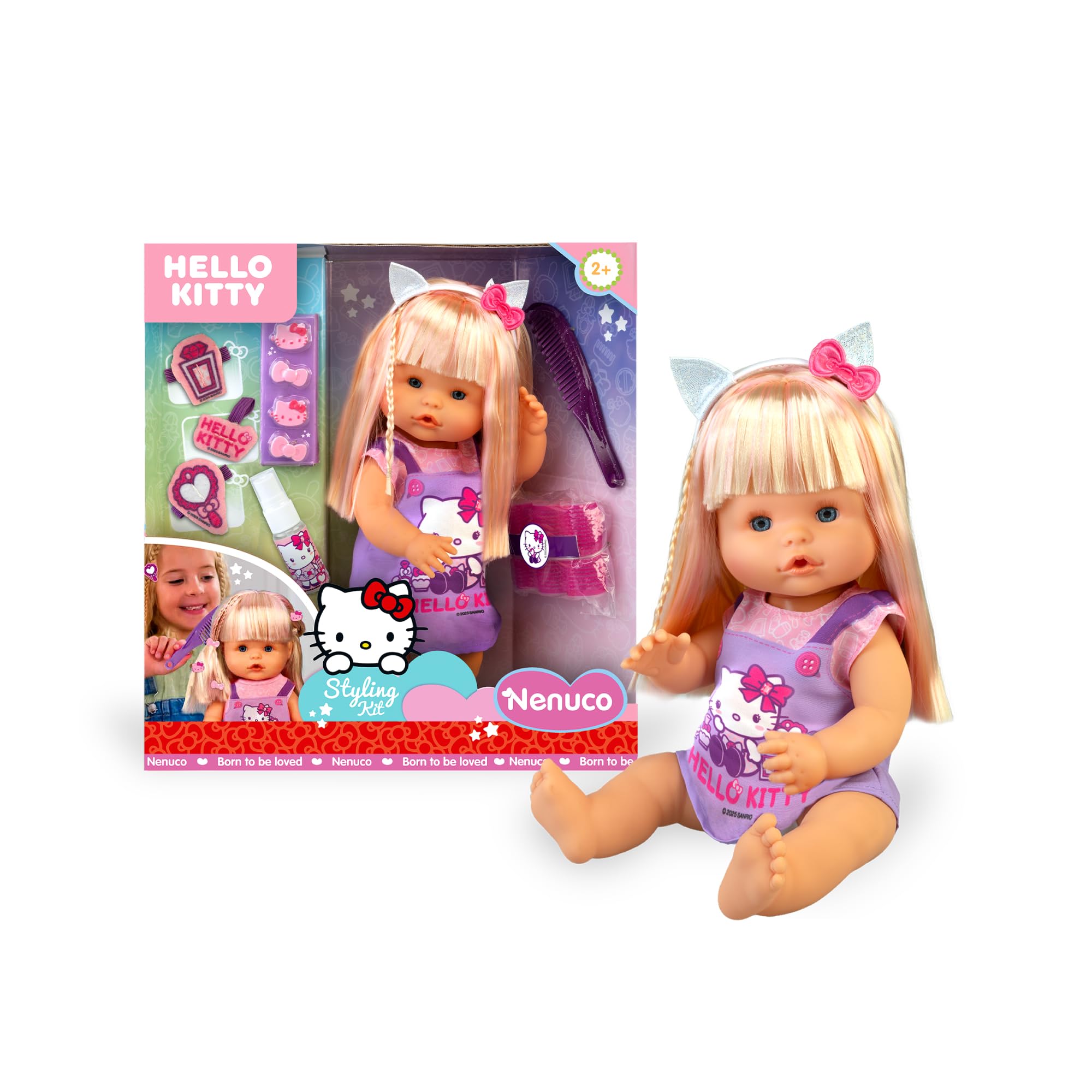 Nenuco x Hello Kitty - Muñeco de 35 cm con Cuerpo Duro y Pelo Largo Rubio, Incluye Accesorios de Peinado y Vestido Hello Kitty, Ideal para Crear Peinados Únicos, Famosa (NFND2000)