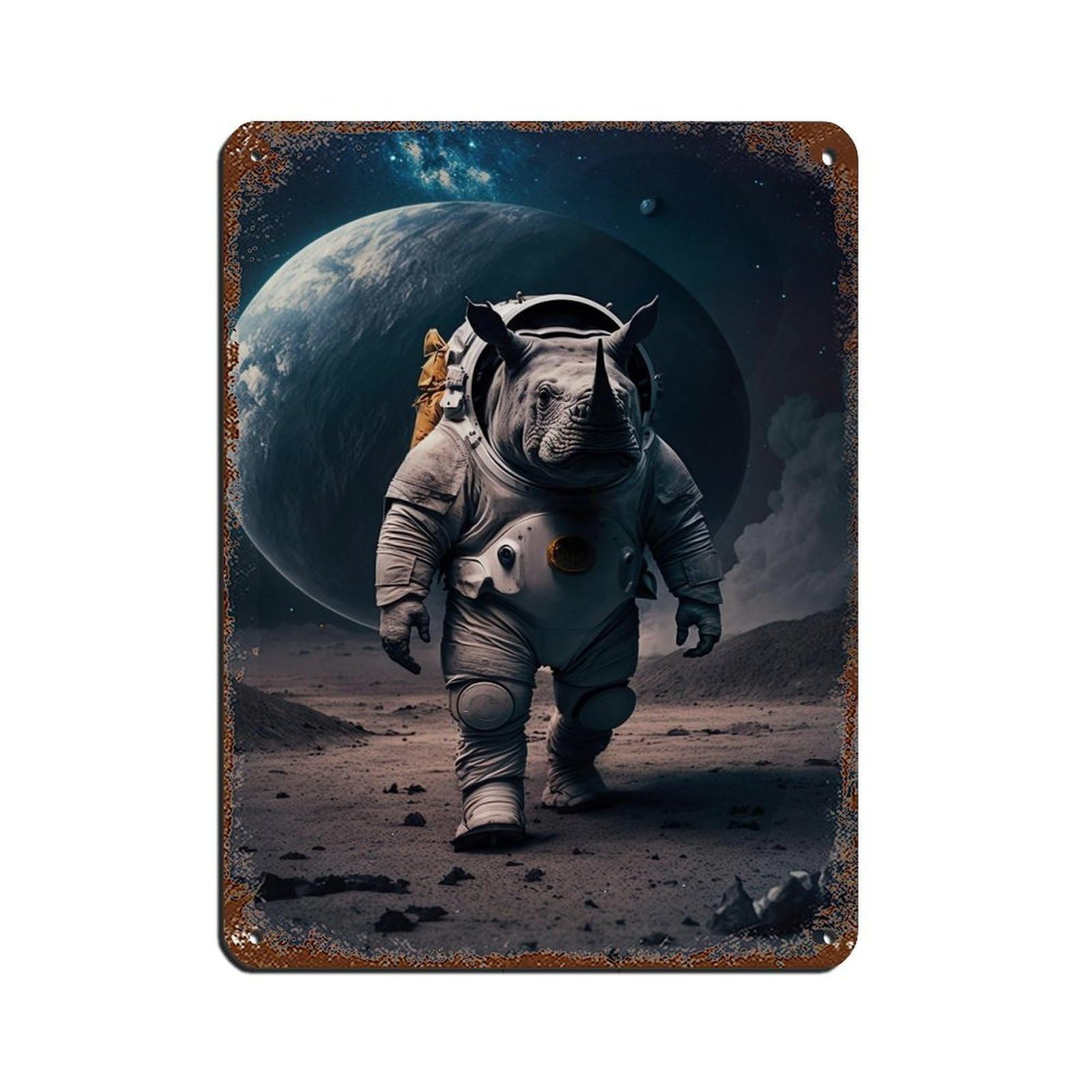 Lxwnze 30L X 40W Cm Astronaut Rhino, Futuristic Animal（1） Tin Sign Vintage Metal Pub Club Cafe Bar Home Wall Art Decoration Poster Retro 12X16inch(30X40cm)
