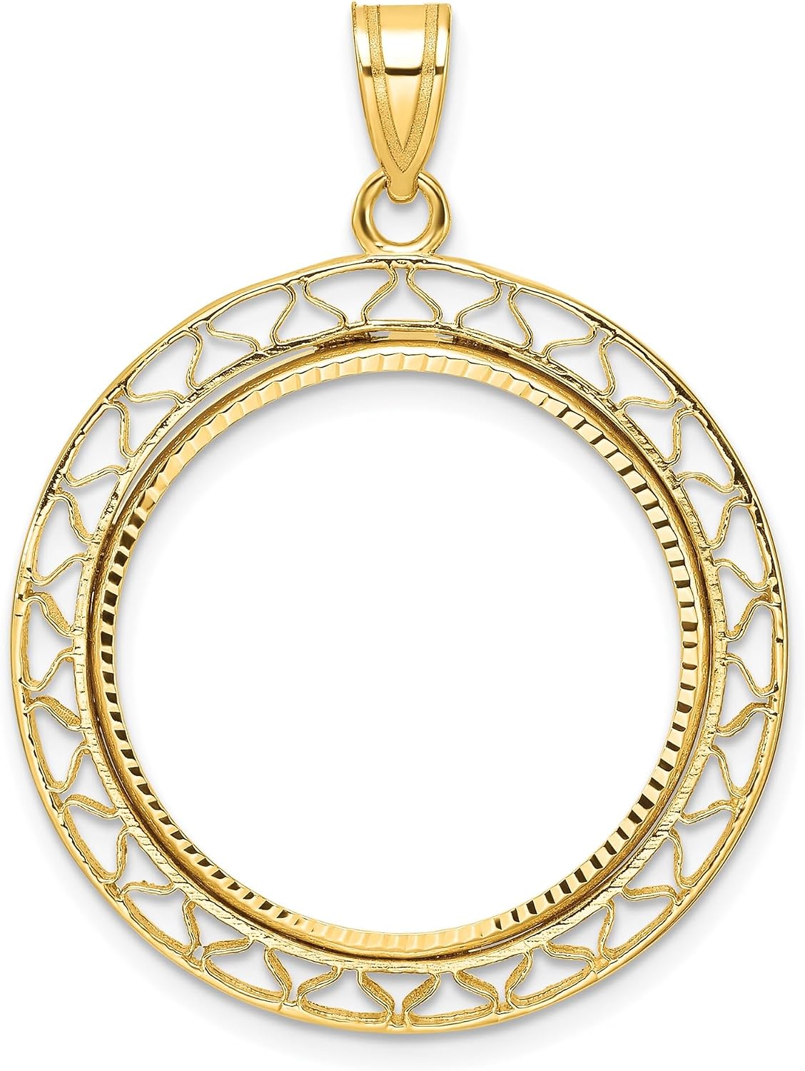 22mm Coin Bezel Pendant in 14k Yellow Gold, Prong Set Frame, Fancy Wire Diamond-Cut Border Coin Bezels for Necklace