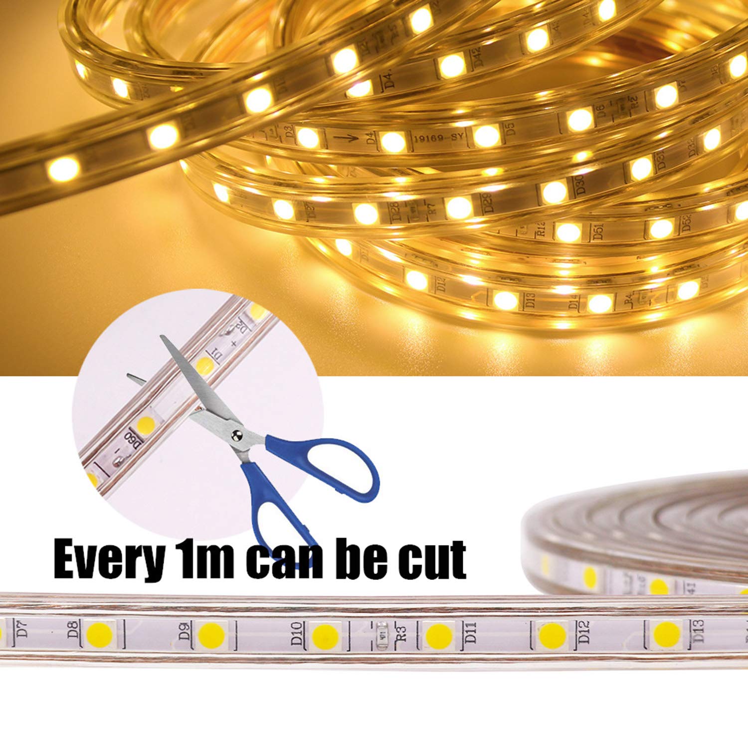 20m Warmweiß LED Band mit Schalter, 220V 230V Lichtleiste, 60 Leds/m Strip, IP65 Lichtschlauch, milde Hintergrundbeleuchtung