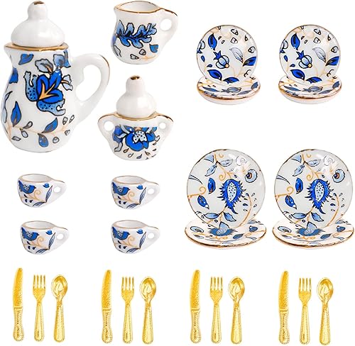 Juego de 27 tazas de té de porcelana en miniatura 112 cubiertos con cuchillo tenedor cuchara mini accesorios de cocina para mini suministros de casa