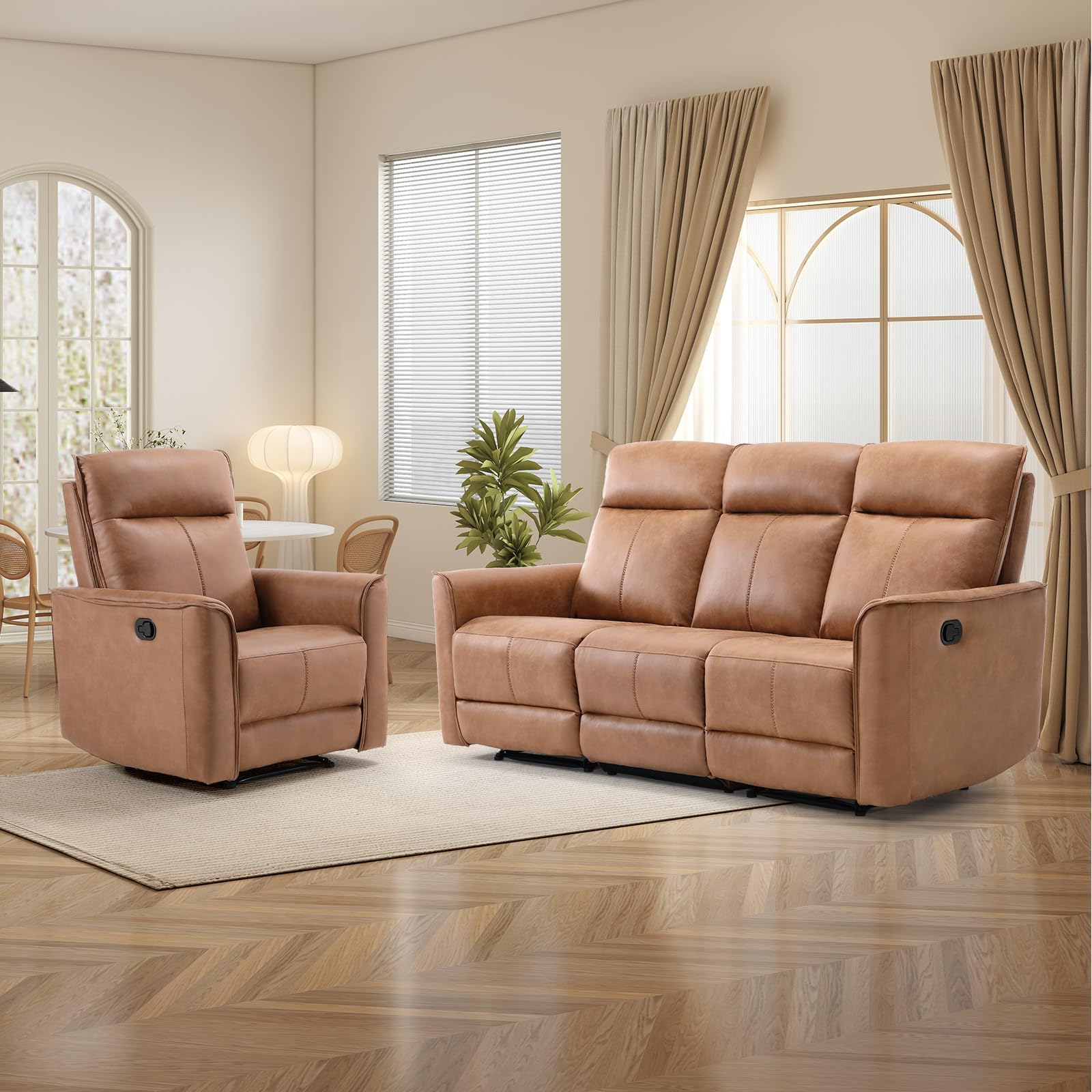 ((incomplete only 1 box )) Manual Recliner Sofa Furniture Set for Living Room, Included Leathaire Nursing Chairs Swivel Glider Recliners, Wall-Hugger 3 Seat Reclining Loveseat, Modern 3-Seater Reclining Sofa Couch, Brown, 1+3