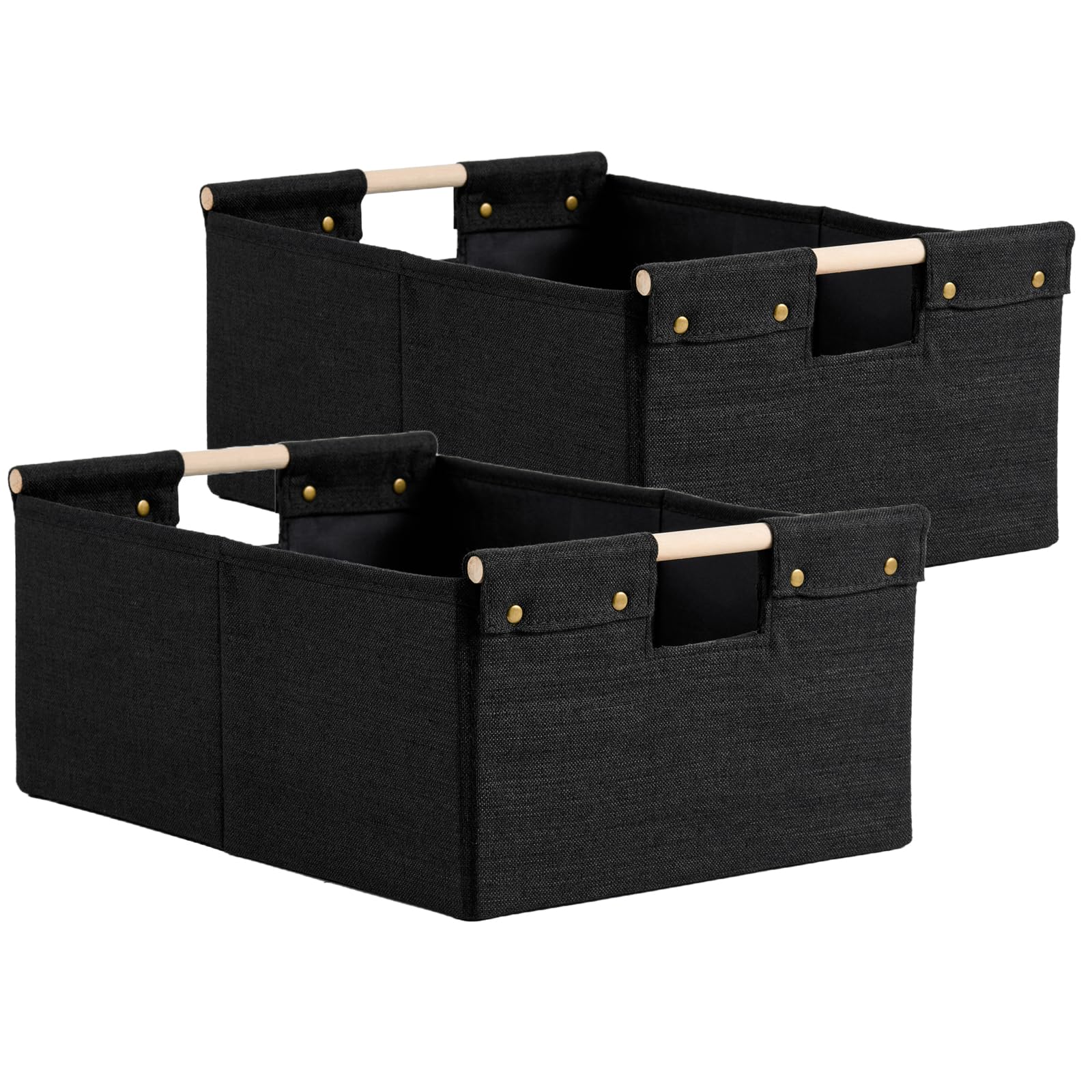 VinneGenzz 2PCS Storage Bins Cotton Linen Fabric Storage Boxes Basket with Wooden Handles Foldable Washable Decorative Shelf Container Closet Clothes Organizer Home Laundry (Large Size, Black)