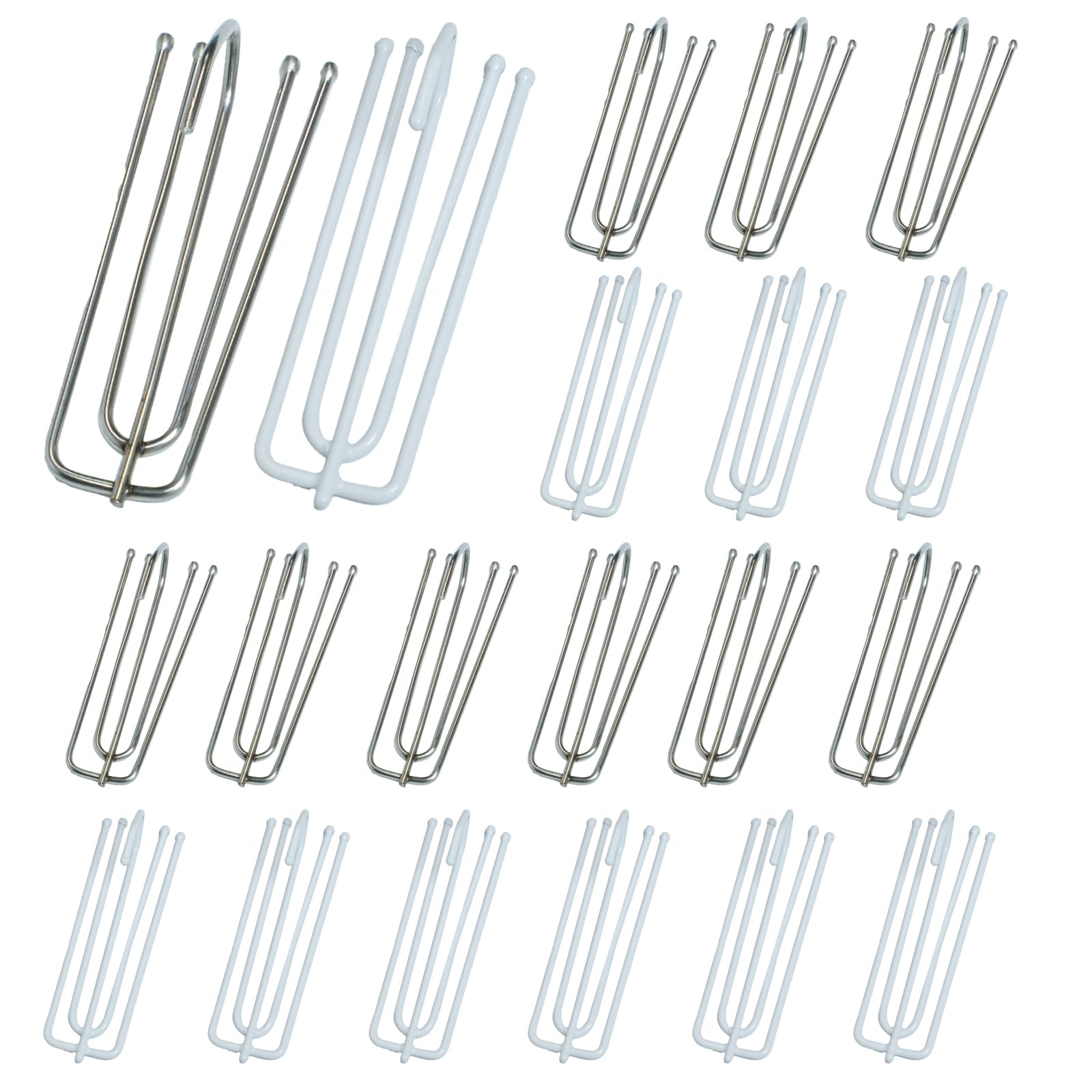 40PCS Stainless Steel 4-Prong Pinch Pleat Curtain Hooks - 2.6 x 0.7 Inches Drapery Pins for Pleated Curtains, Window, Door, and Bathroom Drapes, Silver & White
