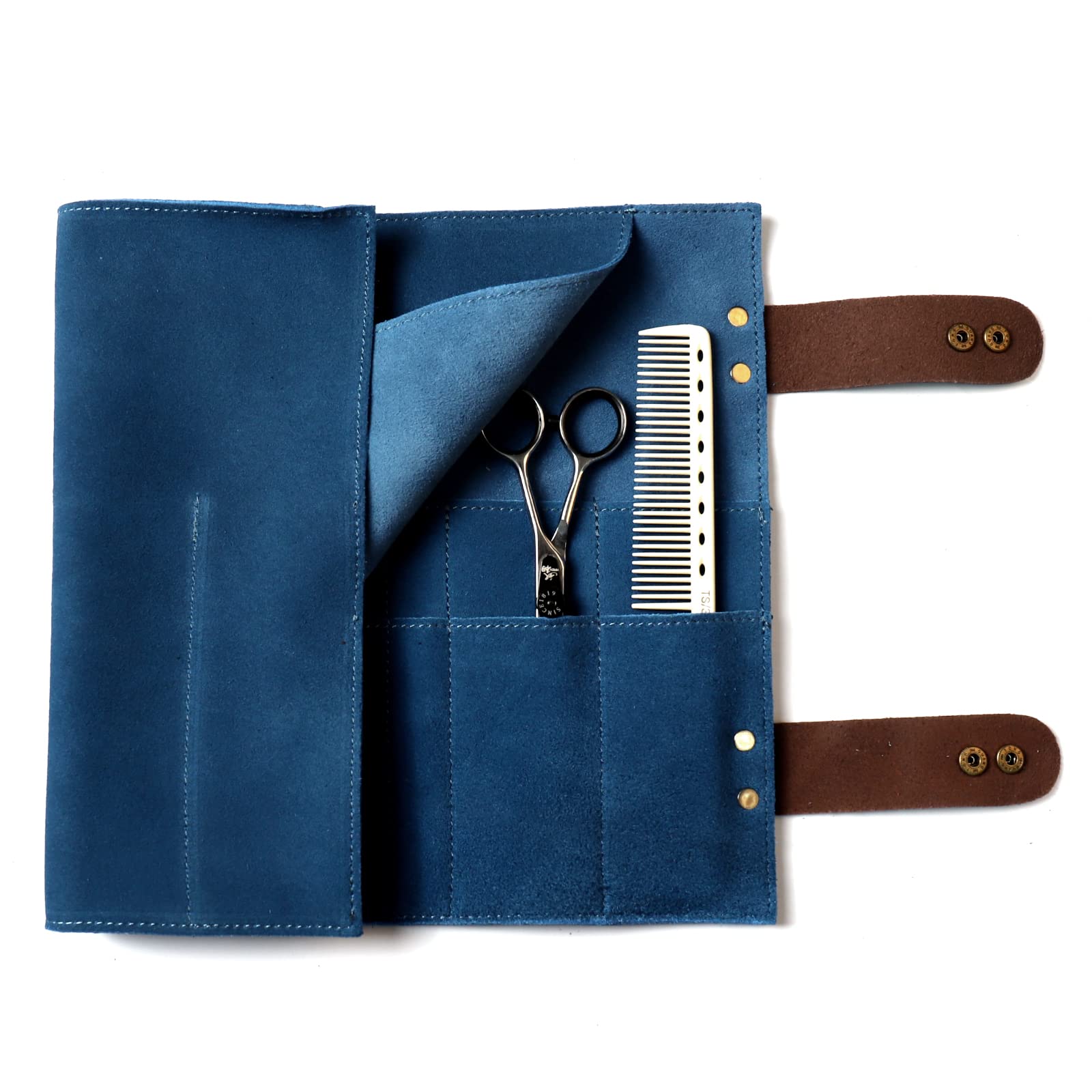 HJ-ZP011-Blue Scherentasche zum Aufrollen, 12 Taschen, echtes Leder, Stylisten-Fellpflege, Scherenhalter, Friseur-Haarschere, Scheren für Friseure