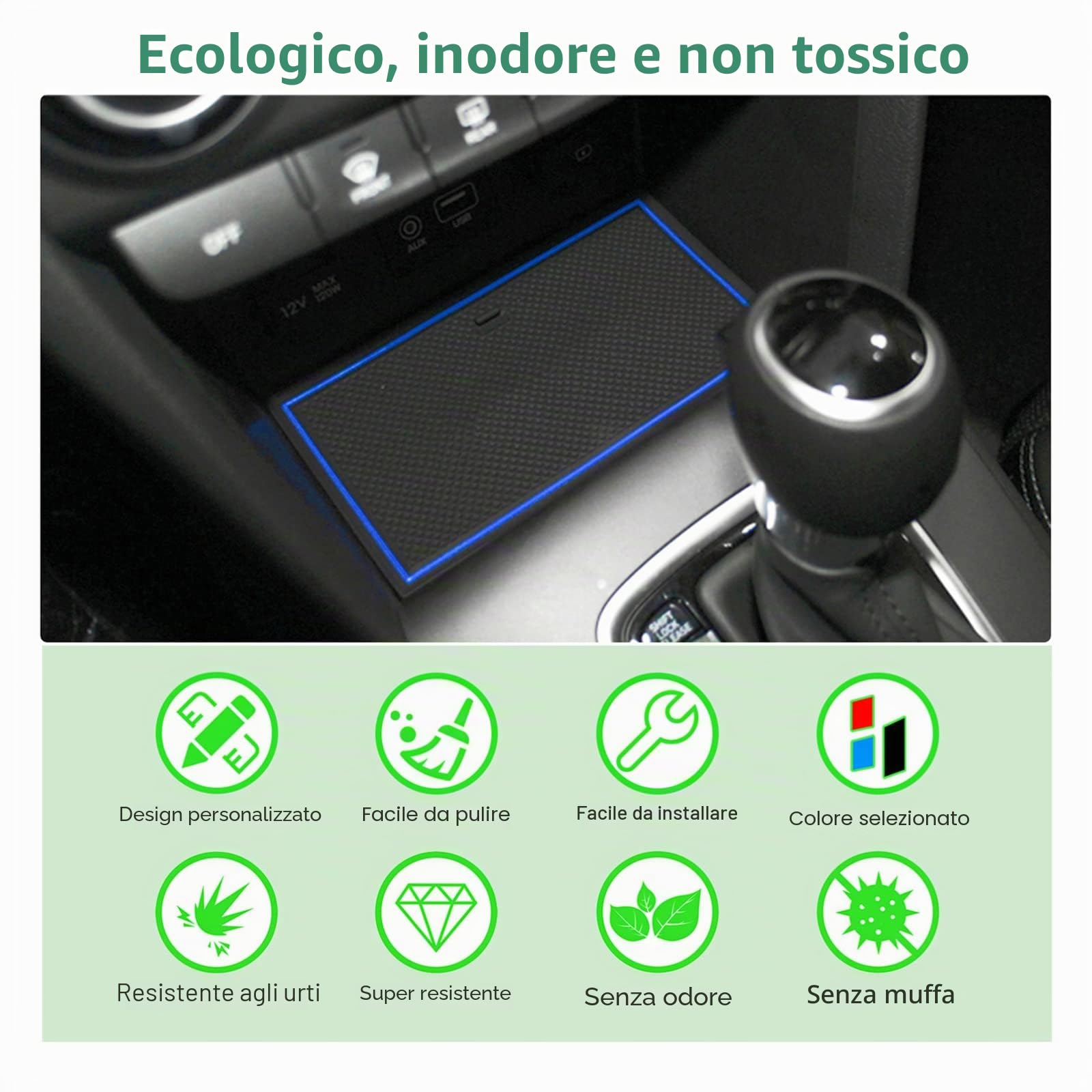 GAFAT Kona/Kona Hybrid 2017-2021 Tappetini in Gomma per Consolle Centrale, Portabicchieri, Cuciture per Porta [Non per Elettriche EV, Non per Nuovo 2022] (Blu)