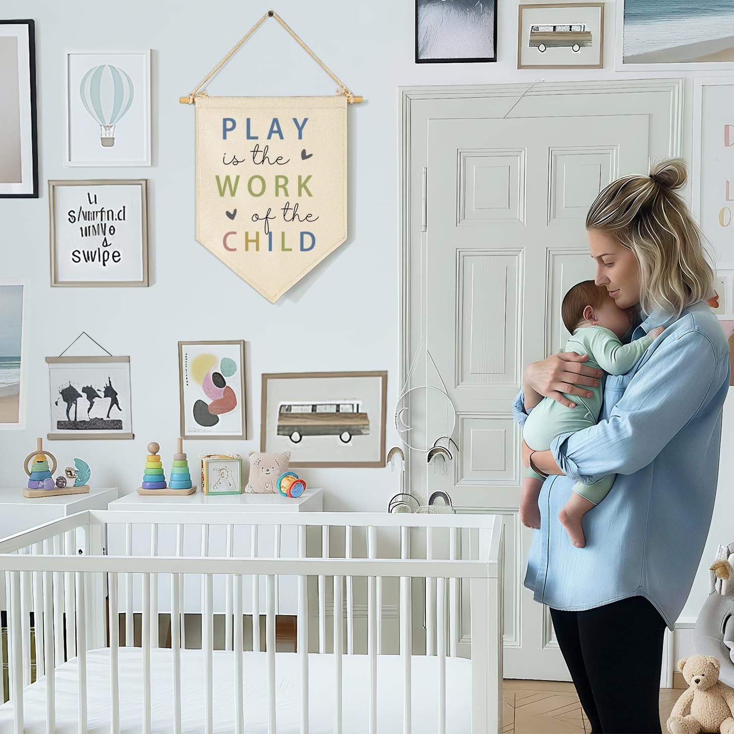 Topthink Bandera colgante de lona con texto en inglés «Play is The Work of The Child», decoración de pared, regalo para bebés, niños, niñas, niños, guardería, habitación de adolescentes, sala de
