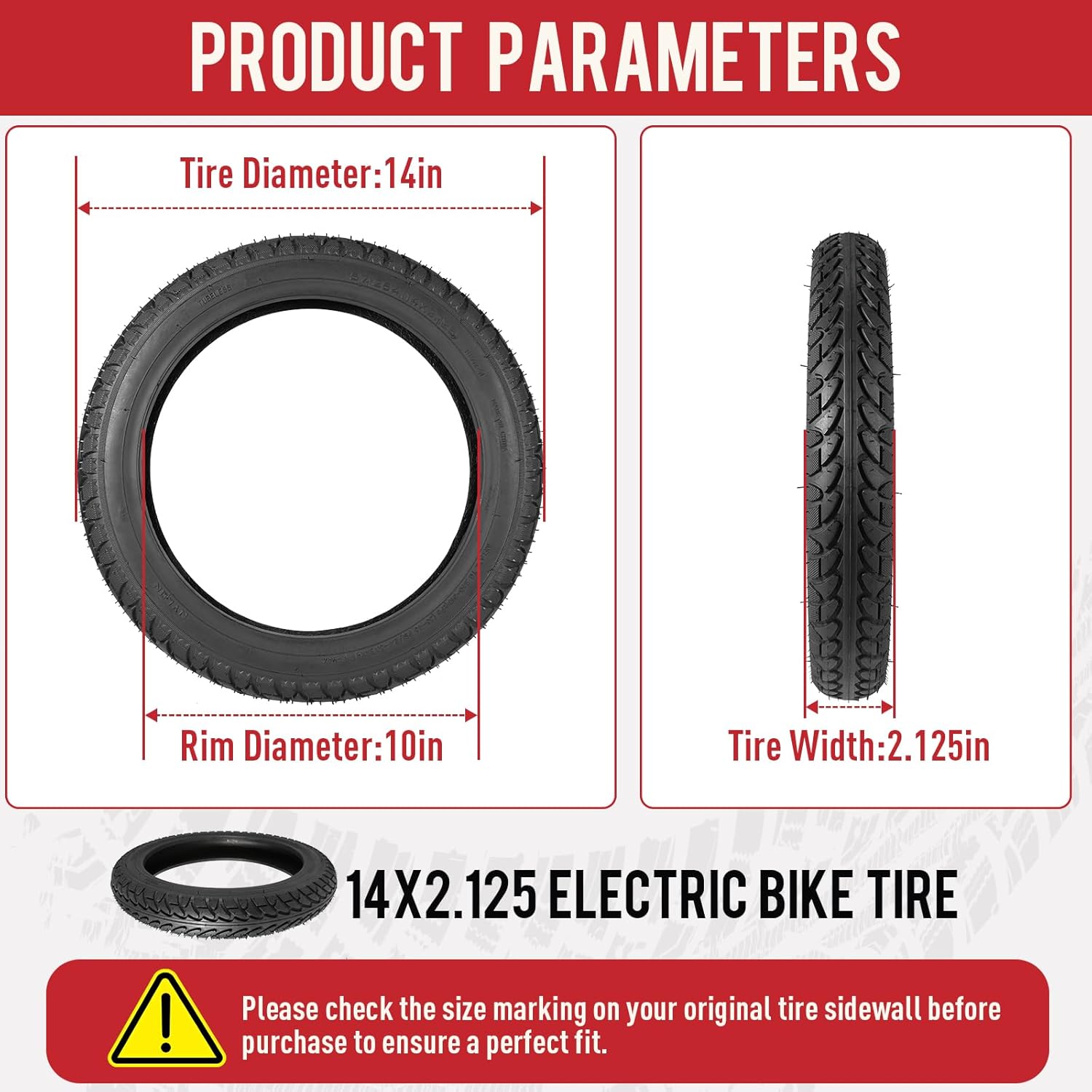14 x 2.125 Tubeless Electric Bike Tire,14x2.125/57-254 E-Bike Tire with PVR60 Valve for 14 Inch Electric Folding Bikes,Electric Bicycles and E-Scooters