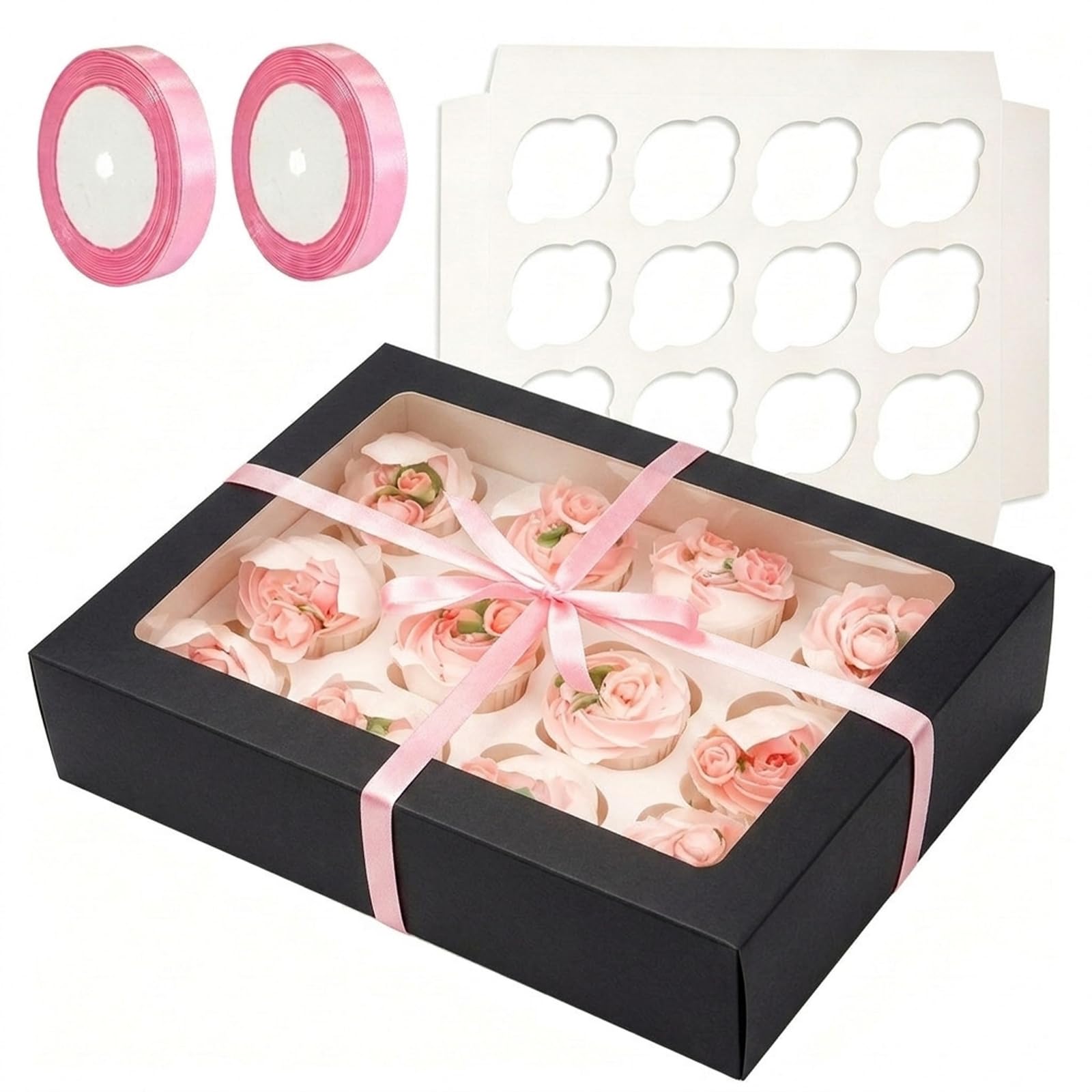 Bakepacker Auto-pop Up Cupcake Boxes with Window Black 40PCS 12 Count