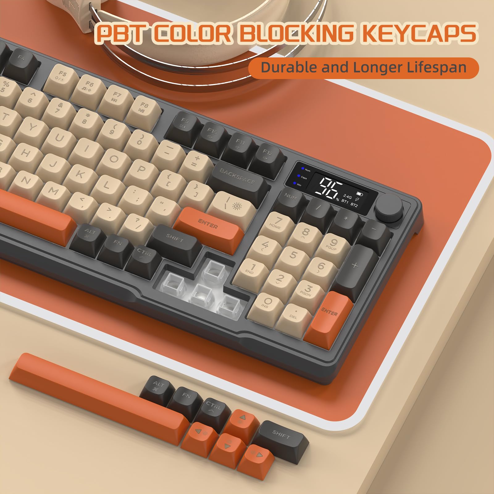 FREEWOLF M96 Tastiera Da Gioco Wireless, Controllo Tramite Manopola Bluetooth/Tastiera Wireless 2.4G, Retroilluminazione a LED RGB con Schermo, Copritasto PBT, 3000mAh, Layout USA QWERTY - Luccichio