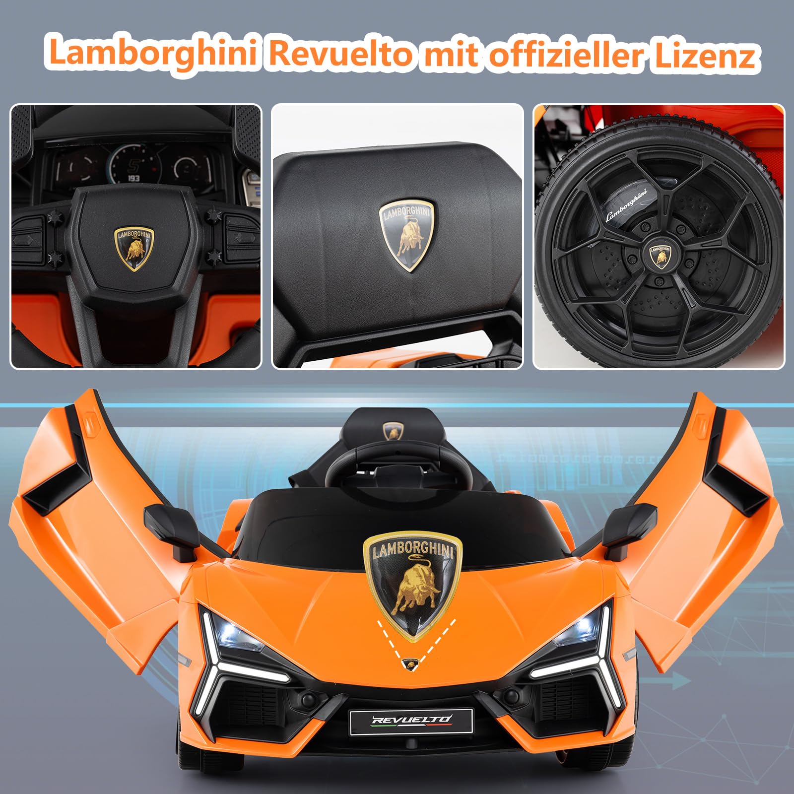 COSTWAY Samochód elektryczny dla dzieci Lamborghini Revuelto, elektryczny samochód dla dzieci 12 V z reflektorami LED, klaksonem i muzyką, 3-5 km/h, w zestawie pilot zdalnego sterowania (pomarańczowy)