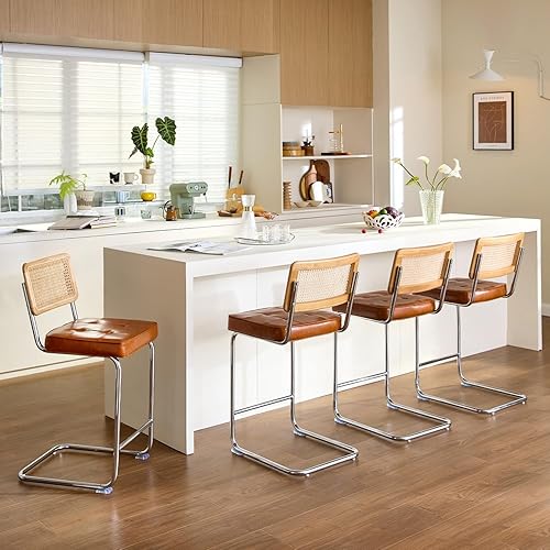 Miniatura 12 de Juego de 2 taburetes de bar de ratán natural con respaldo de madera maciza, taburetes modernos de mediados de siglo de altura de mostrador, taburete