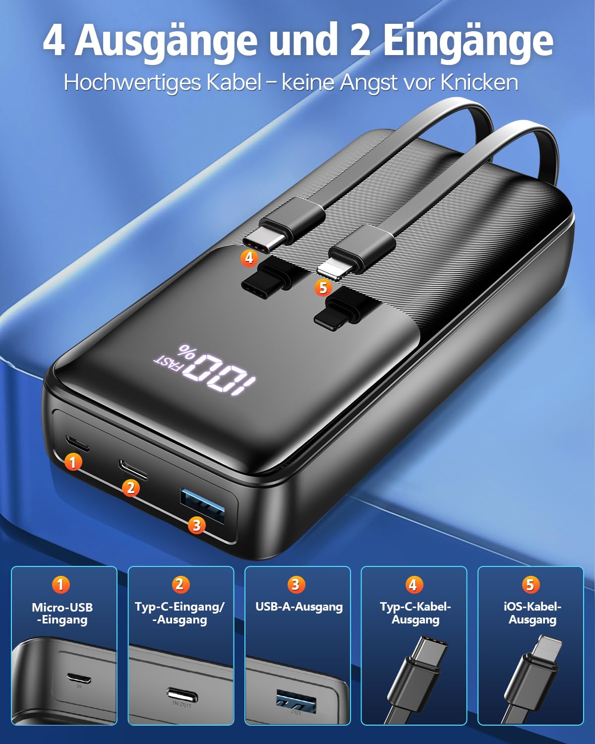 Power Bank 40000mAh, 22.5W USB C Powerbank Carga Rápida 2 Cables Integrados | 3 Puertos & 2 Cables Integrados Cargador Portátil, Batería Externa Compatible con iPhone 17/16/15 Android, Esenciales Camping