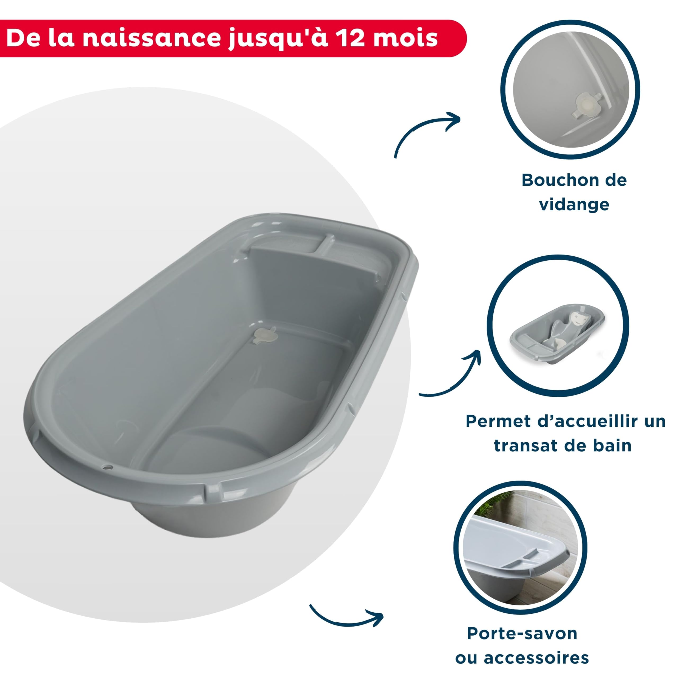 THERMOBABY Baignoire LUXE Bain de bébé Gris Charme Fabriqué en France