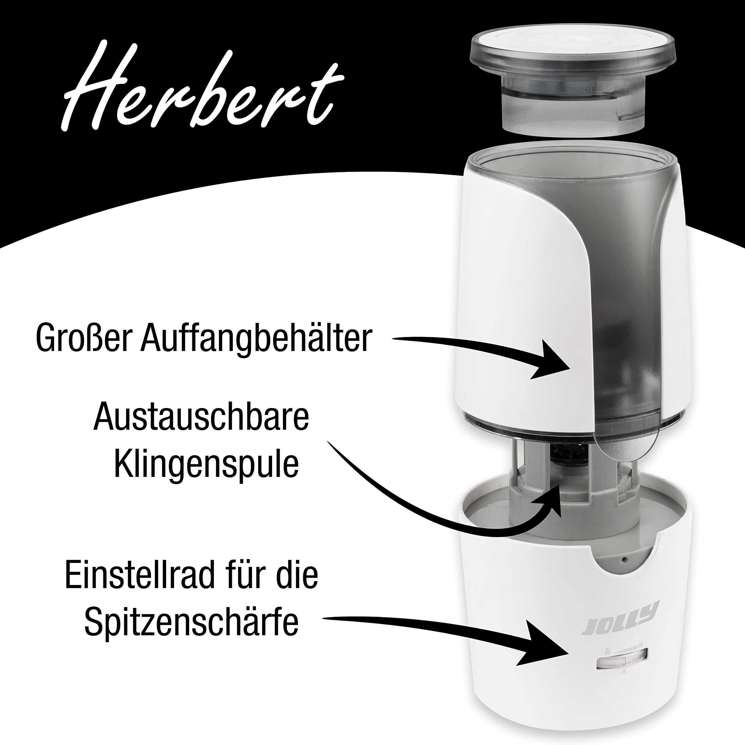 JOLLY Herbert Elektrospitzer Großer elektrischer Spitzer für alle Stifte, auch für feine Künstlerstifte und Vollminenstifte mit Autostopp Weiß