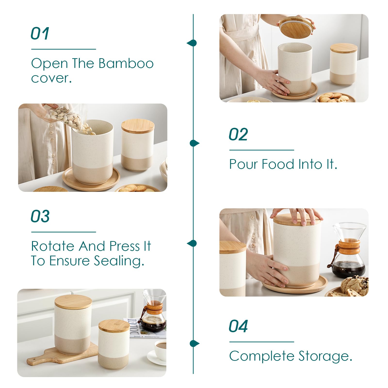 vancasso Sabine Ceramic Food Storage Jars Set, Airtight Canister Storage Container with Bamboo Lid, Canister Sets for Kitchen Counter, Nuts, Flour, Coffee, Tea, Sugar, 2 Pack (80 Oz and 40 Oz)